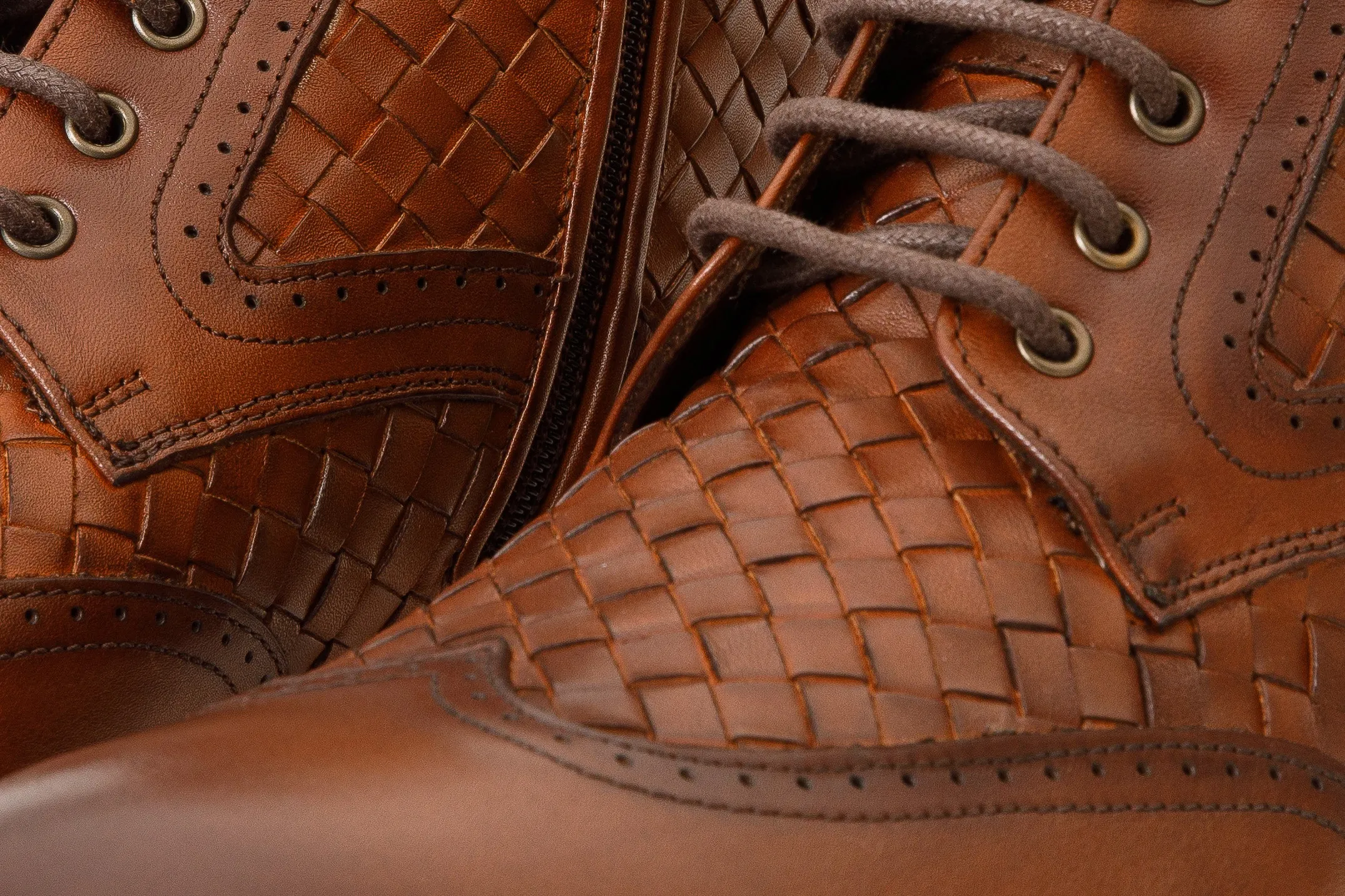 Stable The Loddon Tan Leather Wingtip Brogue Handwoven Lace-Up Men Boot with a Zipper