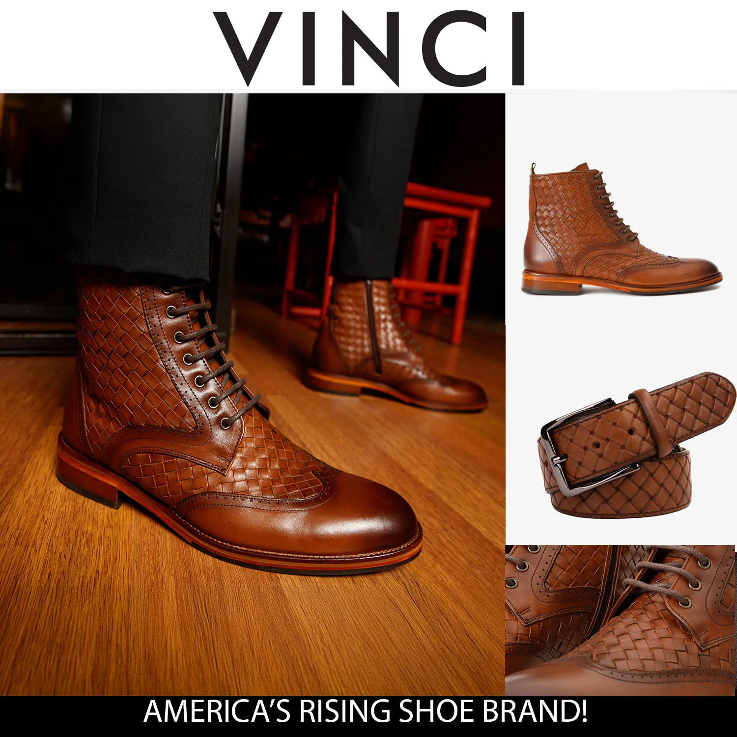 Stable The Loddon Tan Leather Wingtip Brogue Handwoven Lace-Up Men Boot with a Zipper