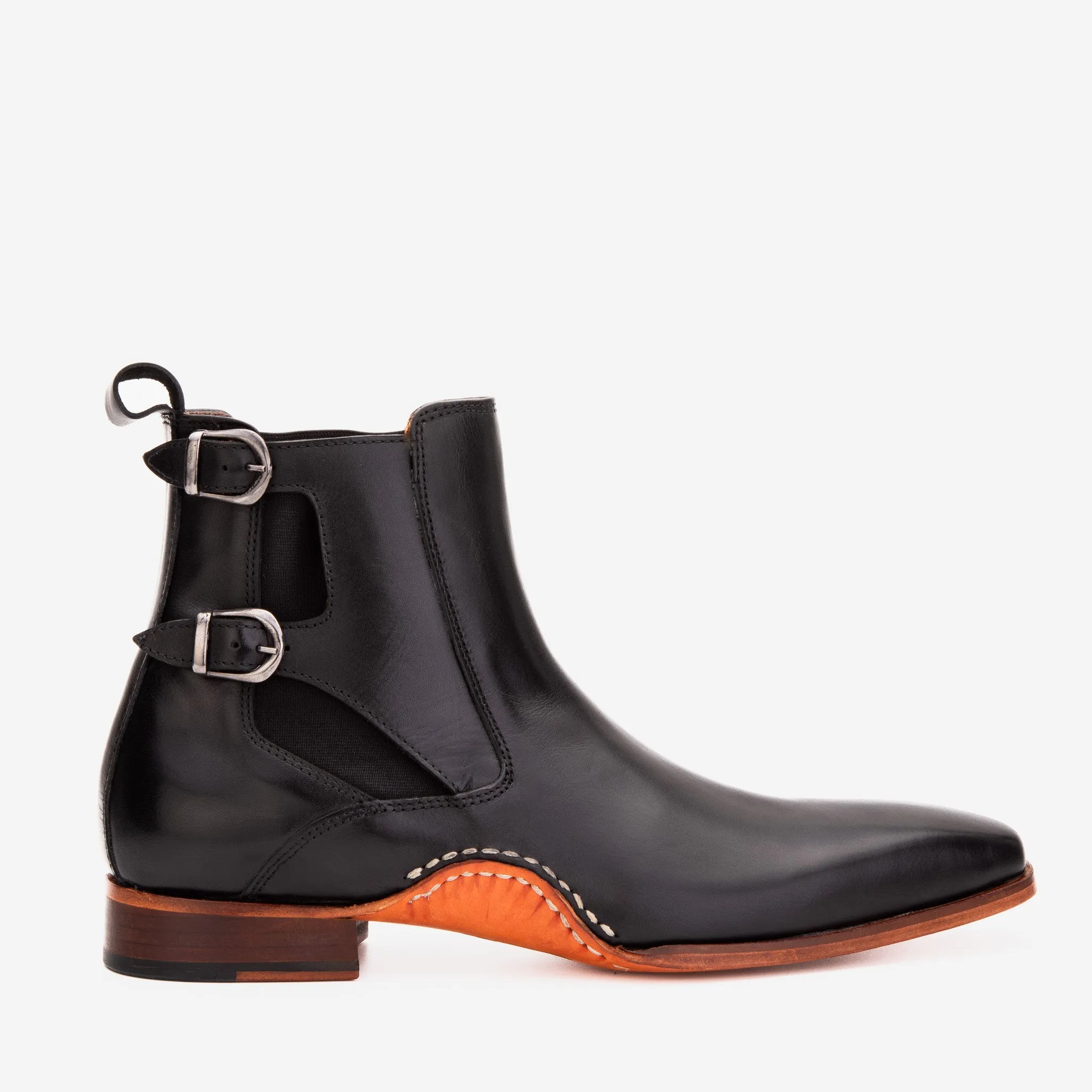 The Royal Hand Craft Black Leather Double-Buckle Chelsea Men Boot Stage Glow