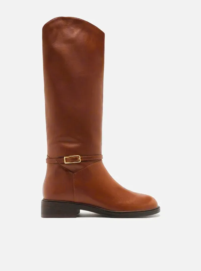 Mckenna Leather Wide  Block Boot Floral Design Heels