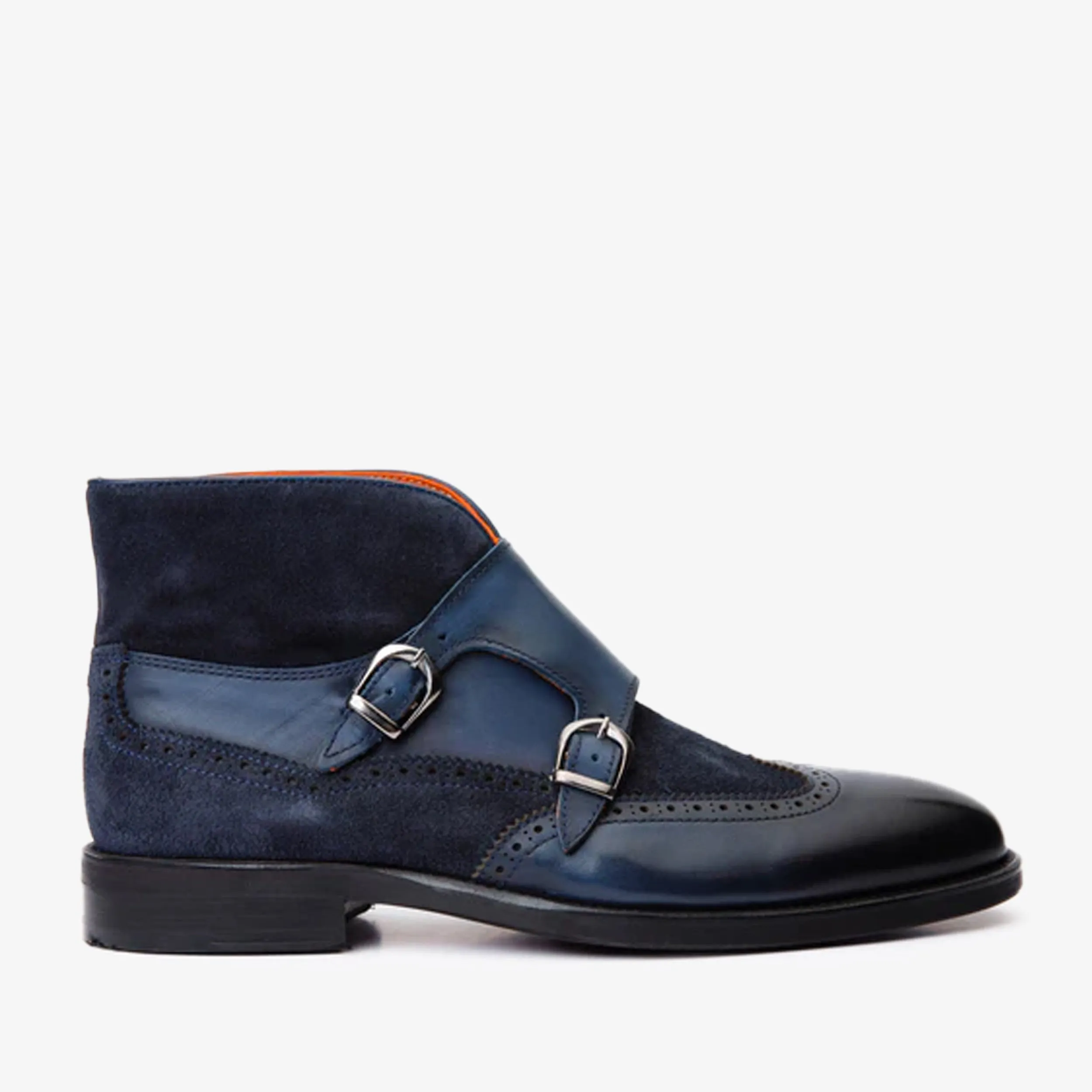 The Albus Navy Blue Leather & Suede Double Strap Monk Brogue Men Boot Knitted Warm Stone Glam