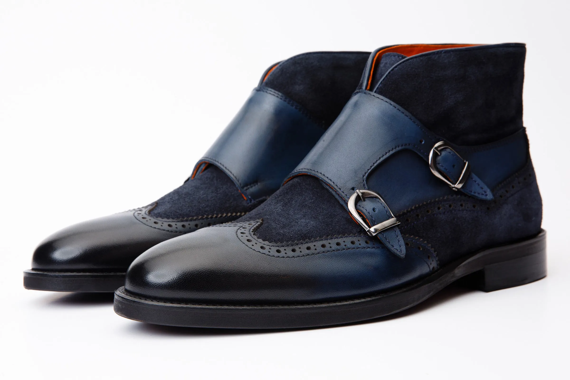 The Albus Navy Blue Leather & Suede Double Strap Monk Brogue Men Boot Surface-Control