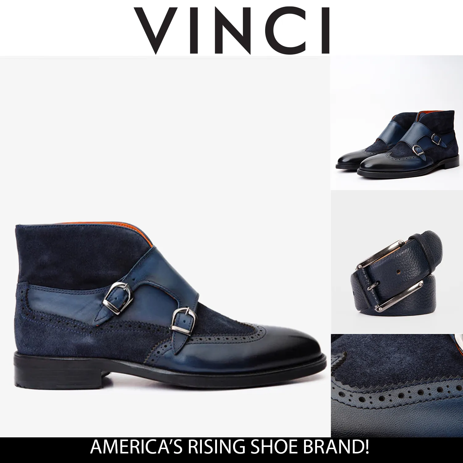 The Albus Navy Blue Leather & Suede Double Strap Monk Brogue Men Boot Surface-Control