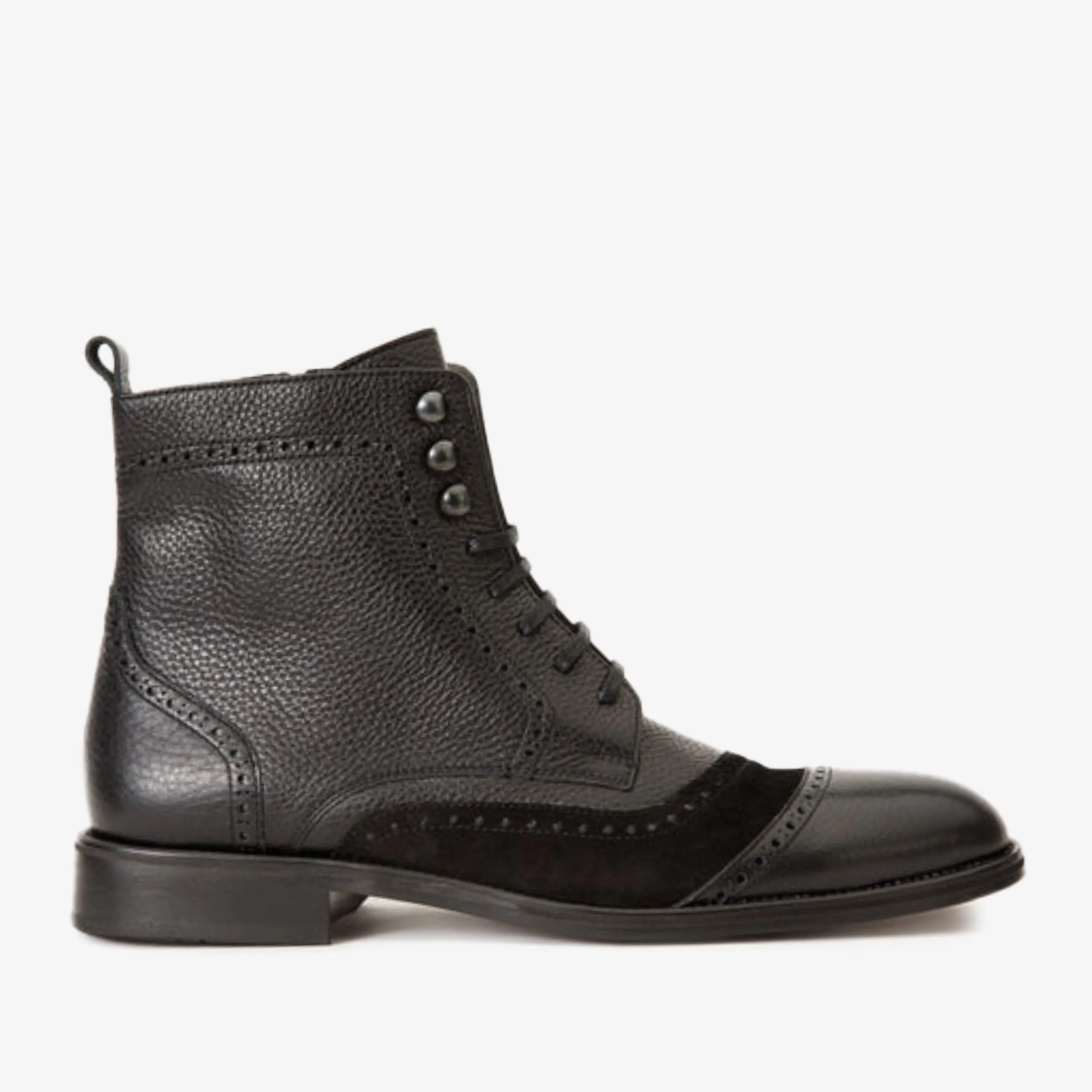 The Anderson Black Leather & Suede Brogue Lace-Up Men  Boot with a Zipper construction City Run