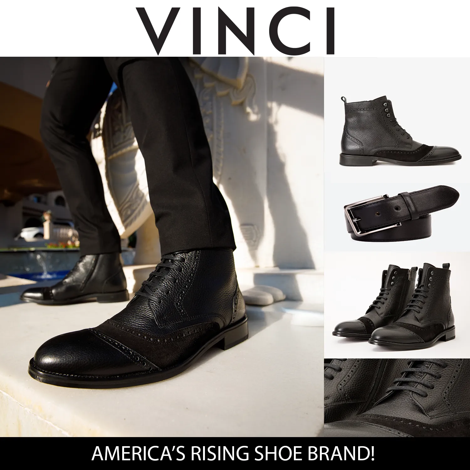 The Anderson Black Leather & Suede Brogue Lace-Up Men  Boot with a Zipper Limited-Edition