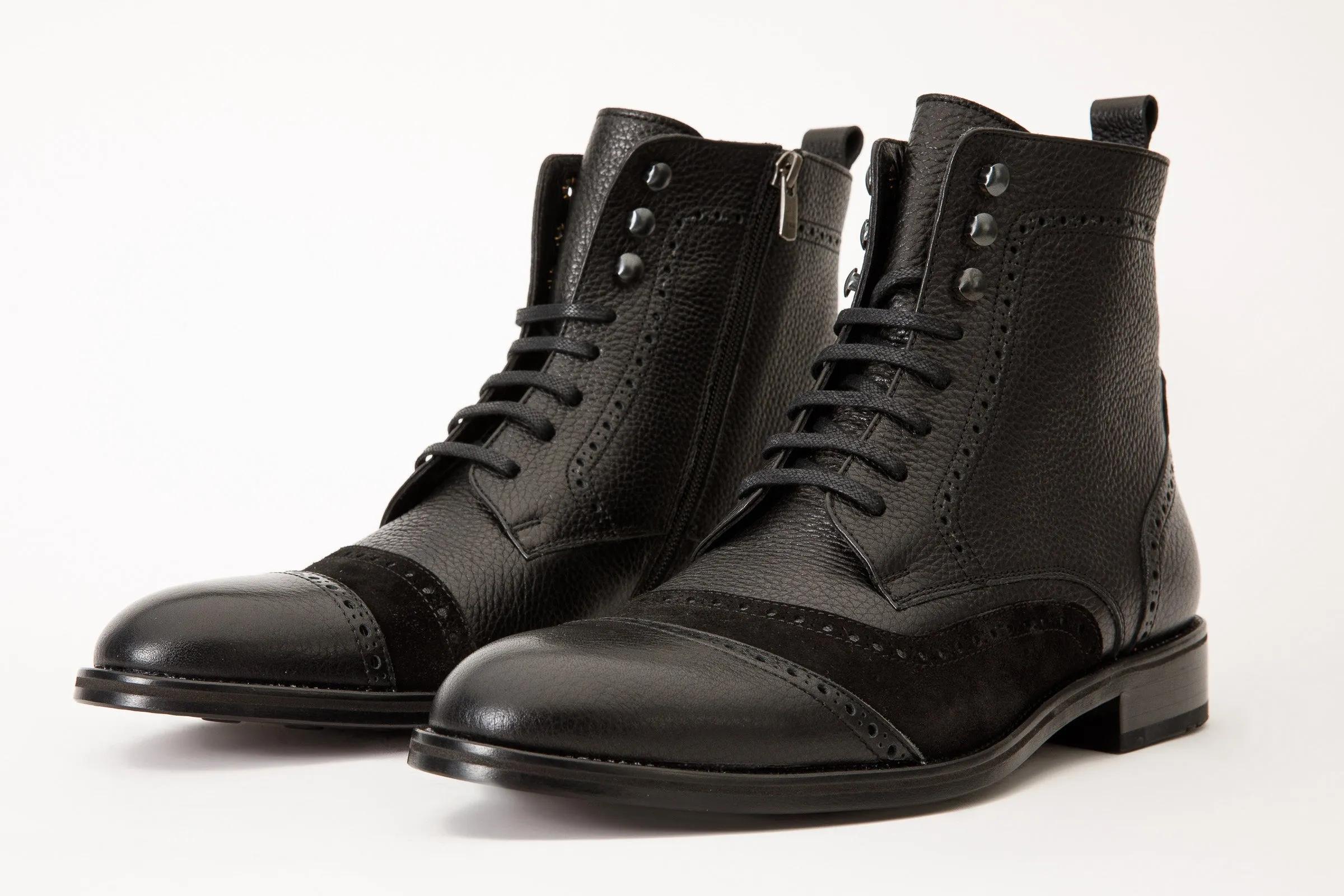The Anderson Black Leather & Suede Brogue Lace-Up Men  Boot with a Zipper Limited-Edition