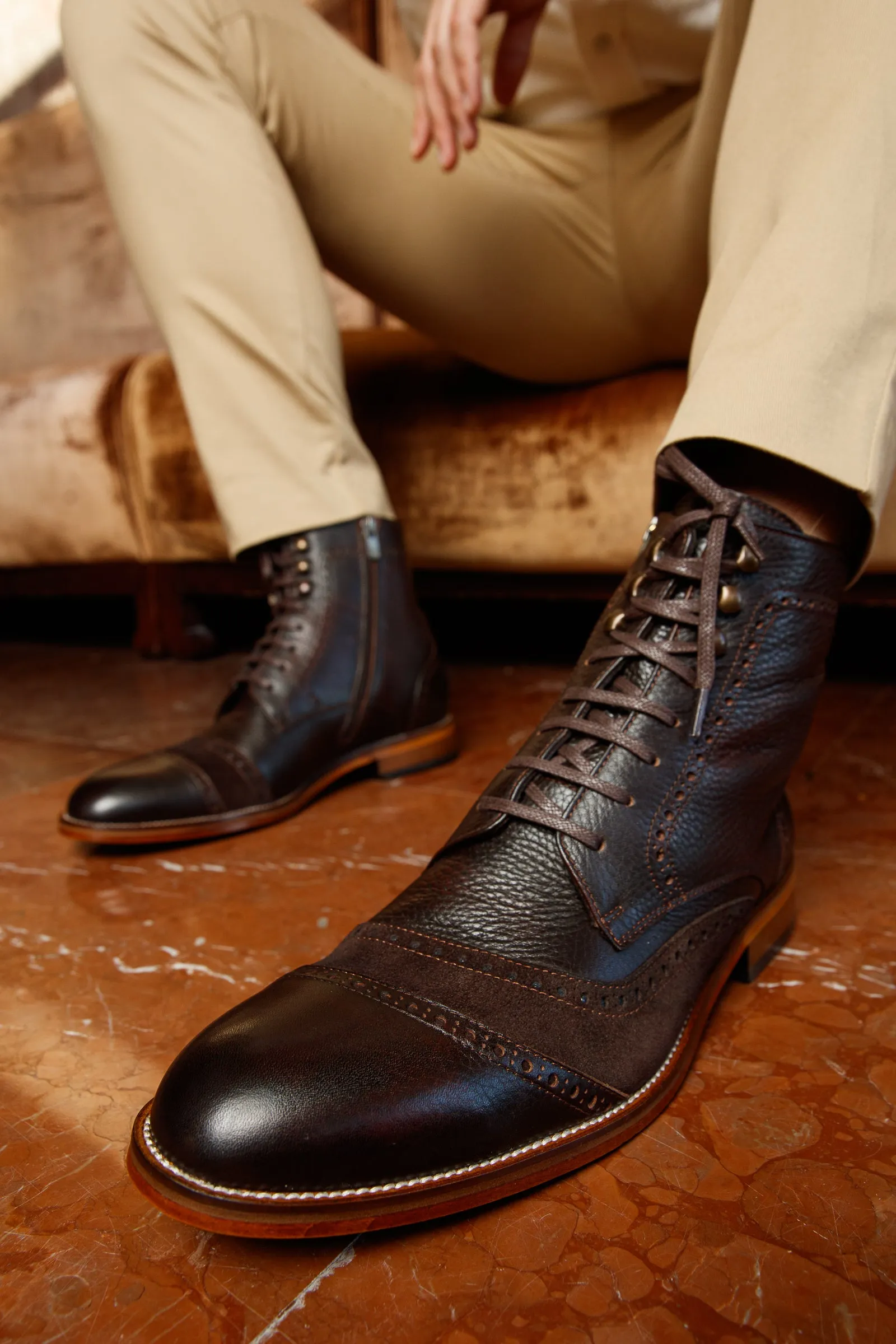 The Anderson Brown Leather & Suede Brogue Lace-Up Men Boot with a Zipper Clean-Cut