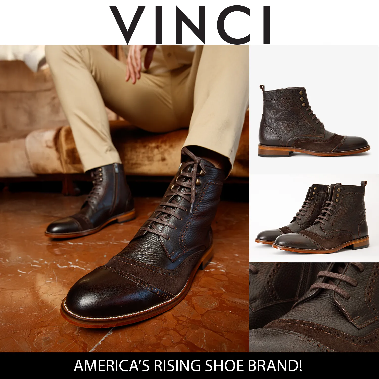The Anderson Brown Leather & Suede Brogue Lace-Up Men Boot with a Zipper Clean-Cut