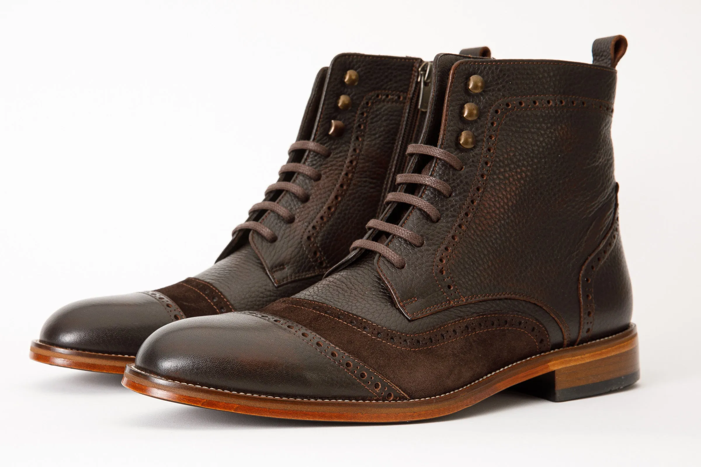 The Anderson Brown Leather & Suede Brogue Lace-Up Men Boot with a Zipper Clean-Cut