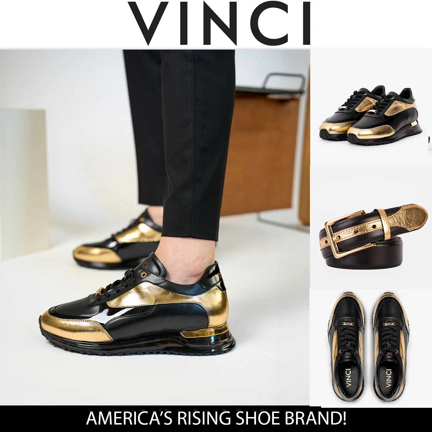 The Arda Black & Gold Leather Men Sneaker Foam-Edge