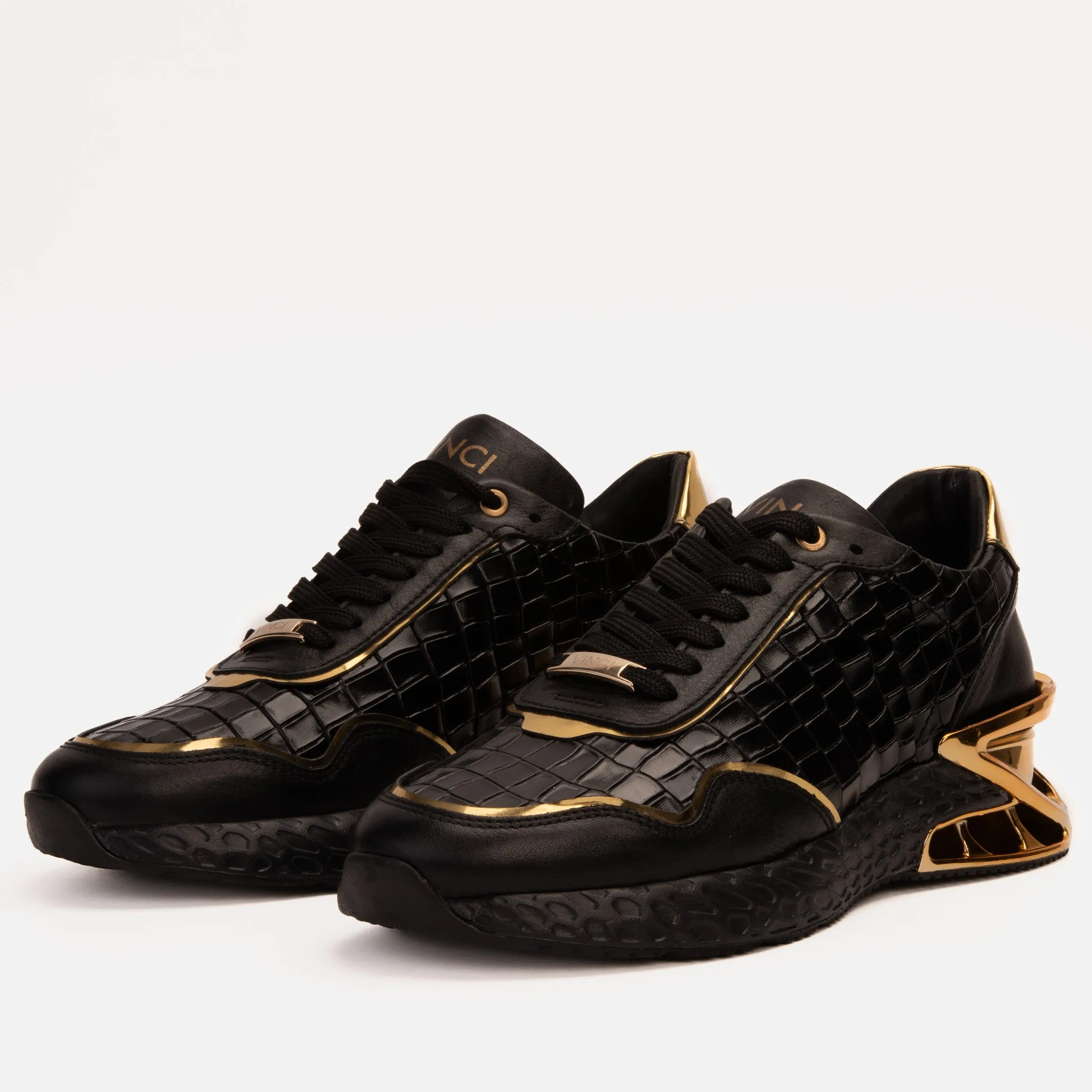 The Bellagio Black & Gold Leather Men Sneaker Rough-Terrain