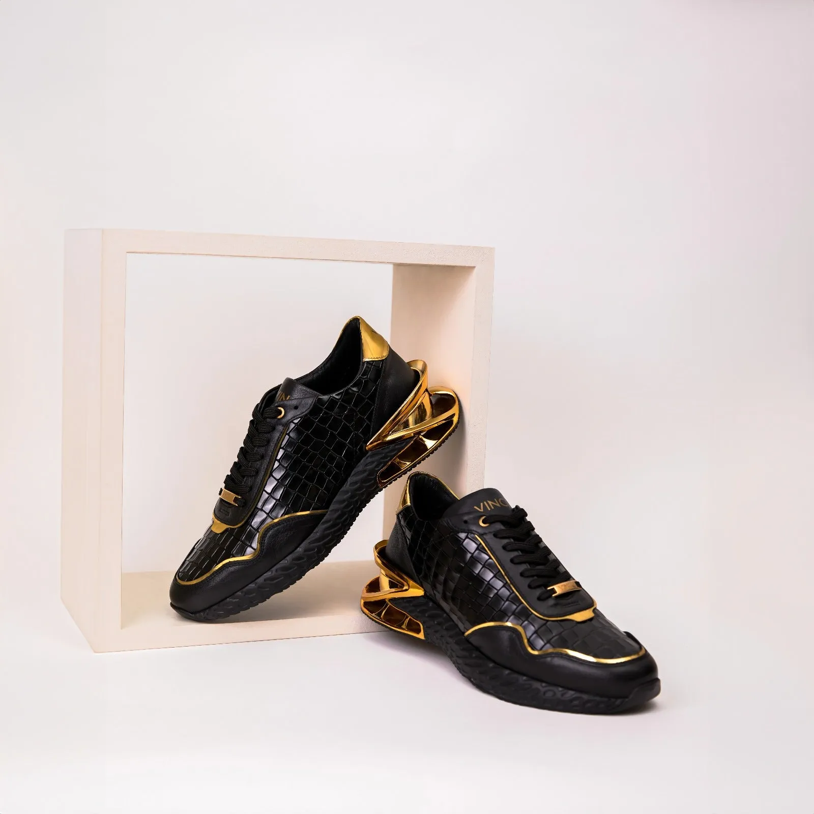 The Bellagio Black & Gold Leather Men Sneaker Rough-Terrain