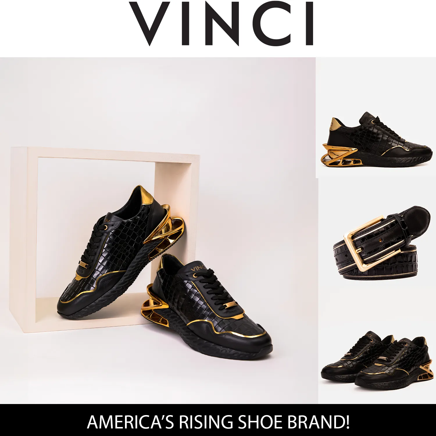 The Bellagio Black & Gold Leather Men Sneaker Rough-Terrain