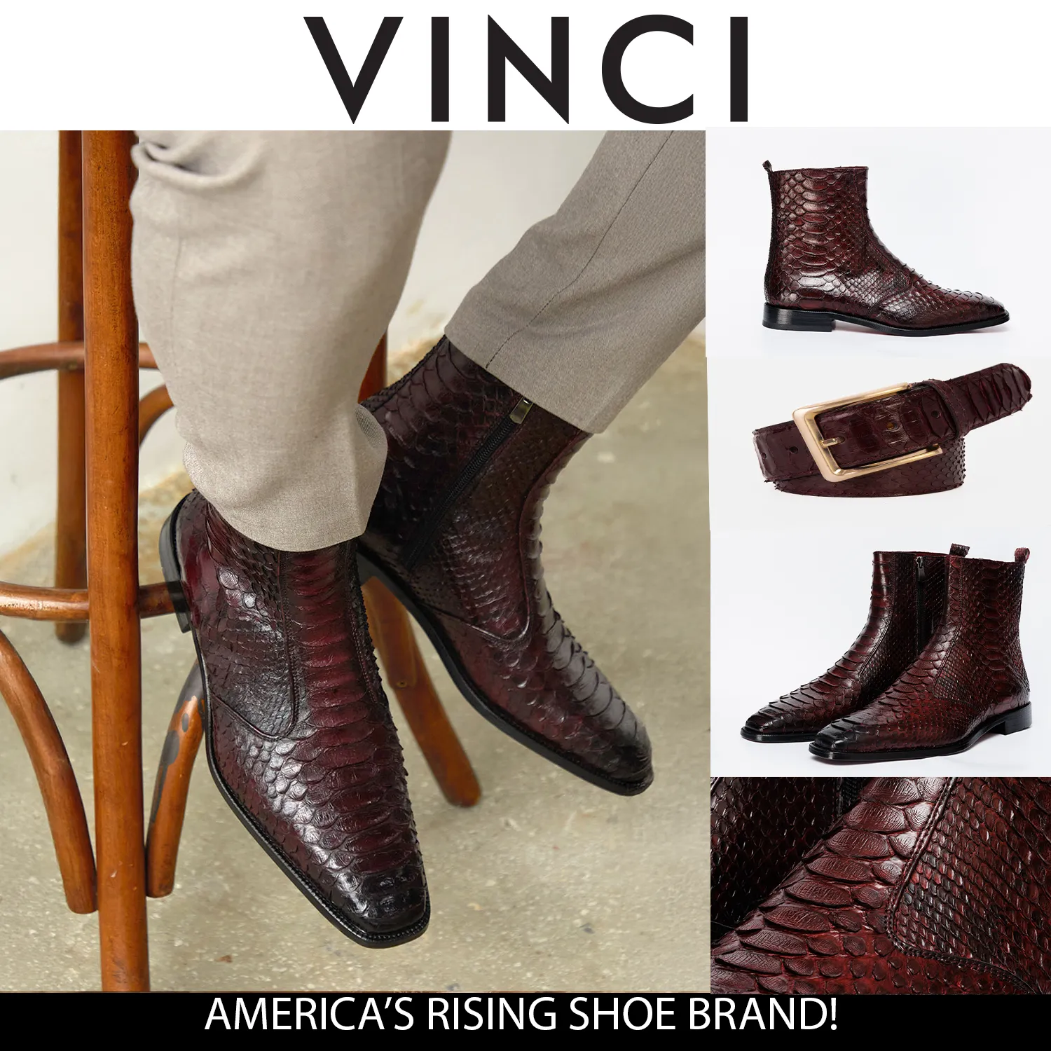 The Boss Burgundy Pythn Snk Zip-Up Leather Men Boot Limited Edition Lace Up Style