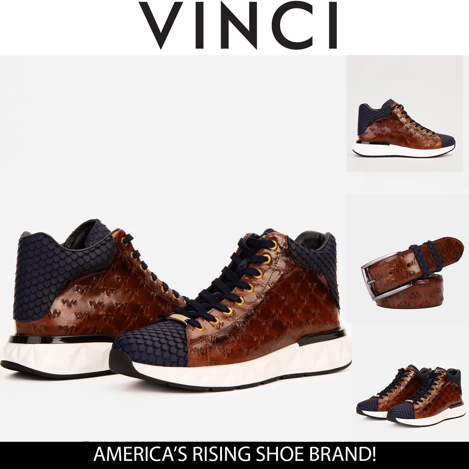 The Caesars Brown & Navy Leather High-Top Men Sneaker Graphic-Print