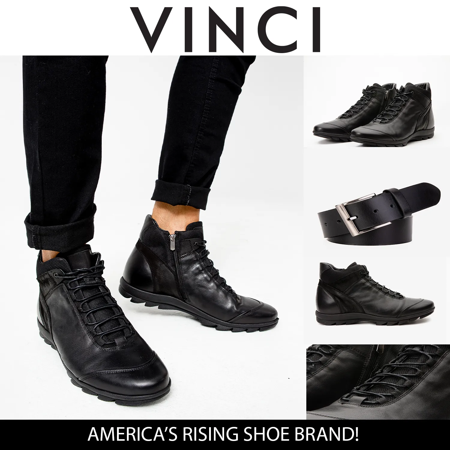 The Houston Leather Black Lace-Up Casual Men Boot with a Zipper All-season