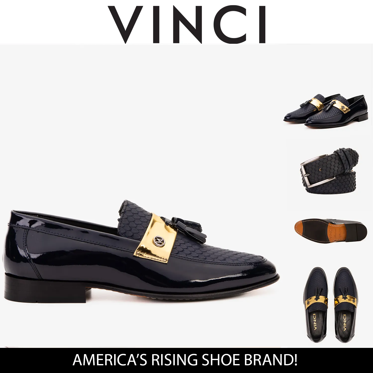 The Imperial Navy Blue & Gold Leather Men Dress Shoe Comfort Tongue