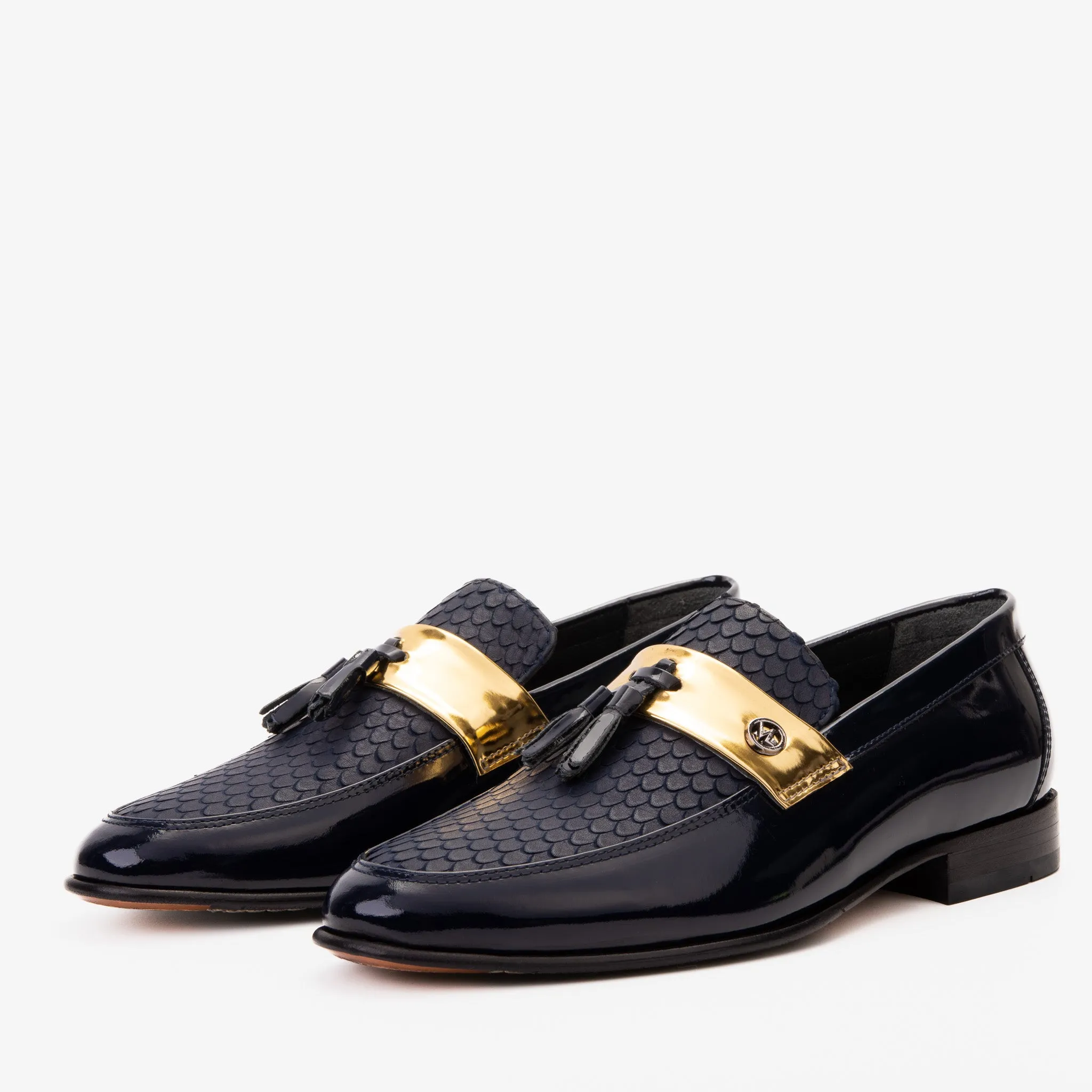 The Imperial Navy Blue & Gold Leather Men Dress Shoe Comfort Tongue