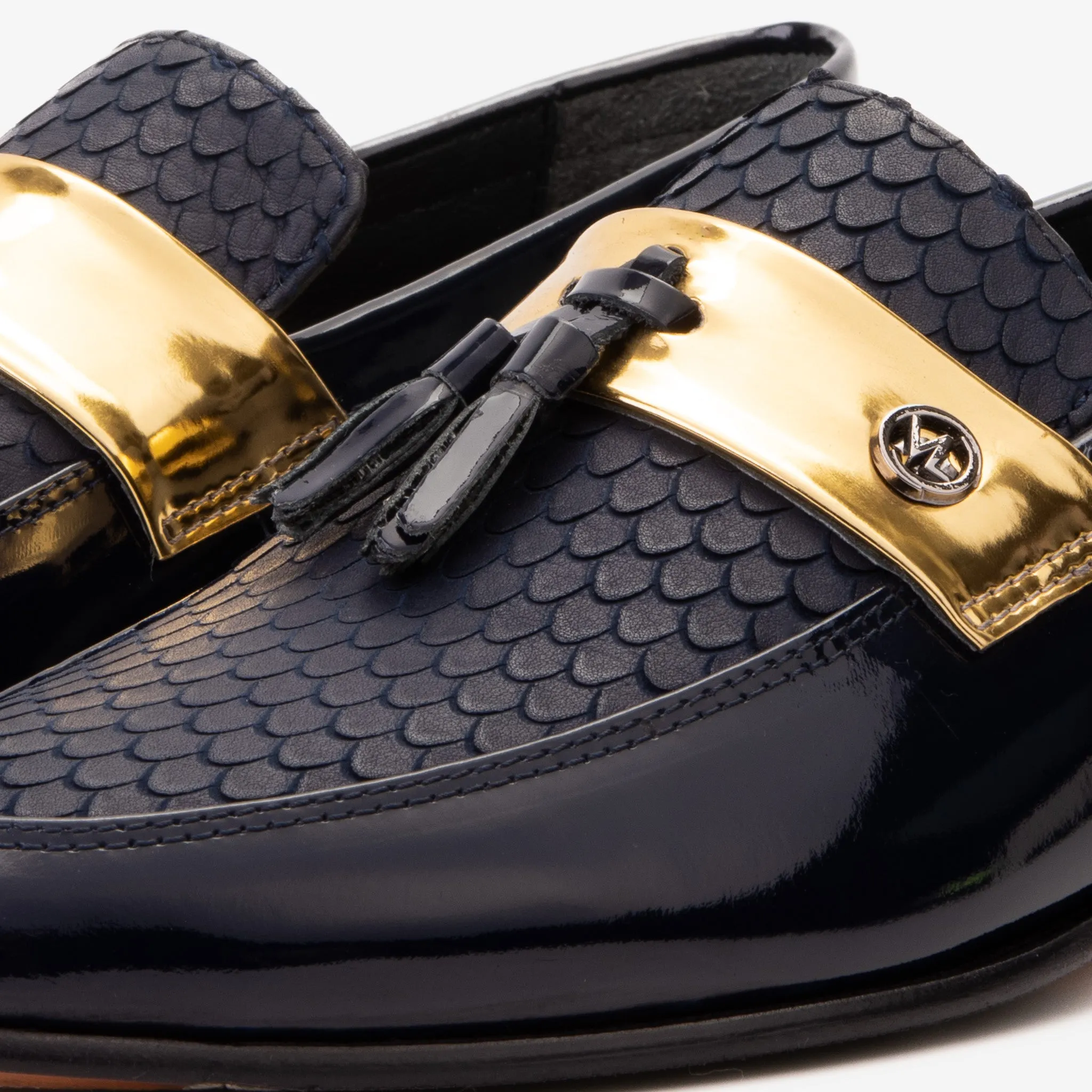 The Imperial Navy Blue & Gold Leather Men Dress Shoe Comfort Tongue