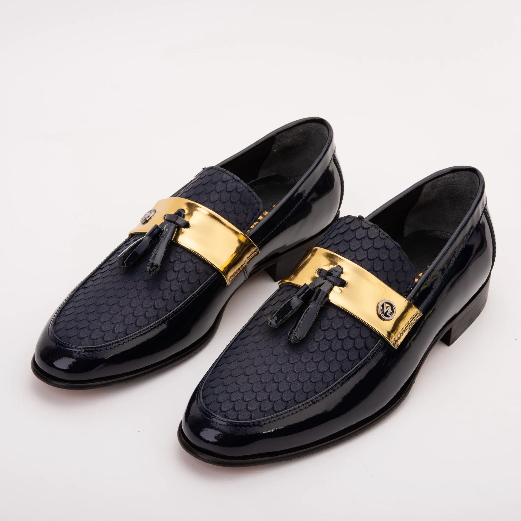 The Imperial Navy Blue & Gold Leather Men Dress Shoe Comfort Tongue