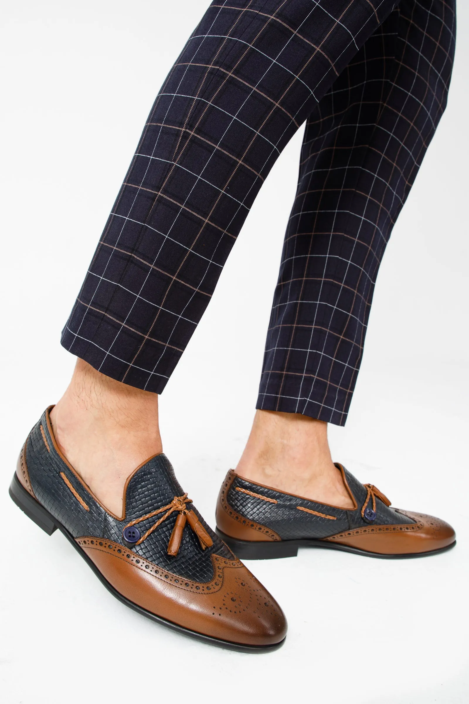 The Istanbul Tan & Navy Blue Leather Tassel Loafer Men Shoe Elevated