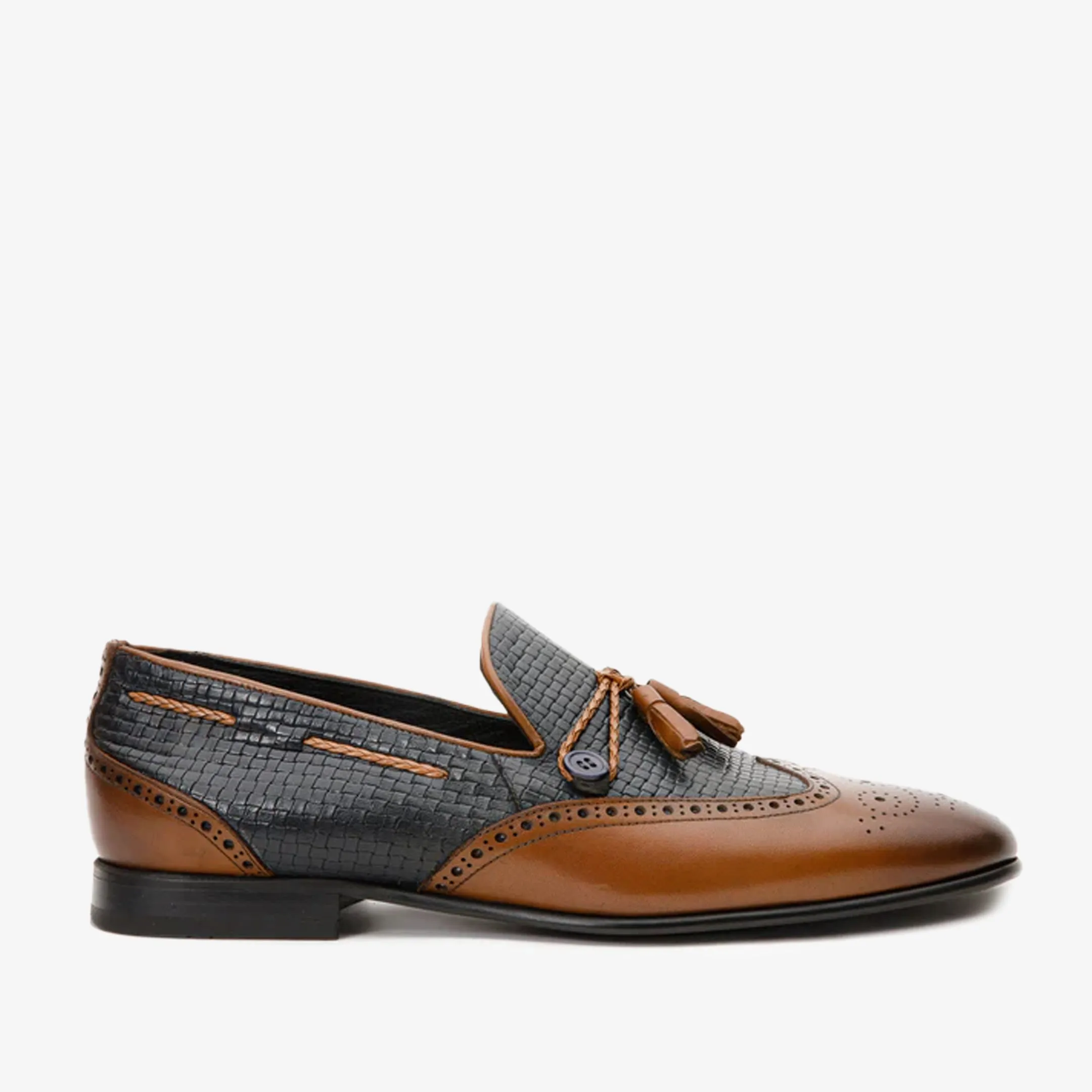 The Istanbul Tan & Navy Blue Leather Tassel Loafer Men Shoe Flexible Design School Day