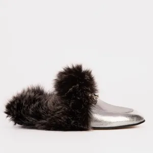 Lagoon Glow River Path The Izmir Silver Leather Natural Fur Women Slipper