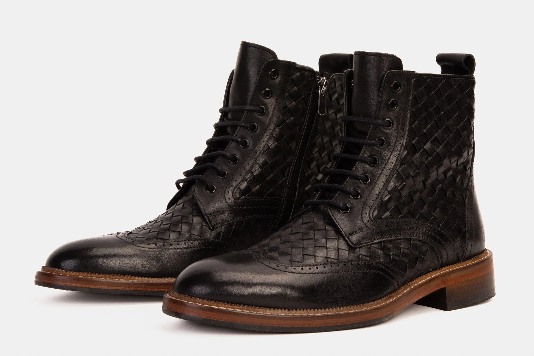 The Loddon Black Leather Wingtip Brogue Handwoven Lace-Up Men Boot with a Zipper Durable Build