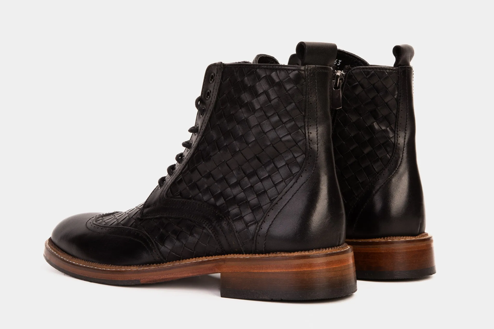 The Loddon Black Leather Wingtip Brogue Handwoven Lace-Up Men Boot with a Zipper Durable Build