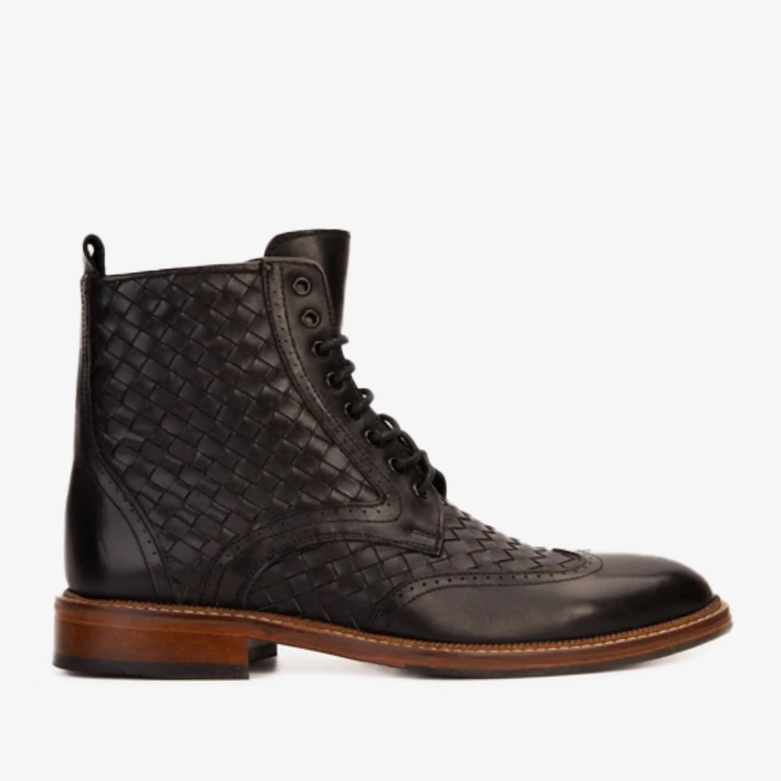 Urban Chill Sea Breeze The Loddon Black Leather Wingtip Brogue Handwoven Lace-Up Men Boot with a Zipper