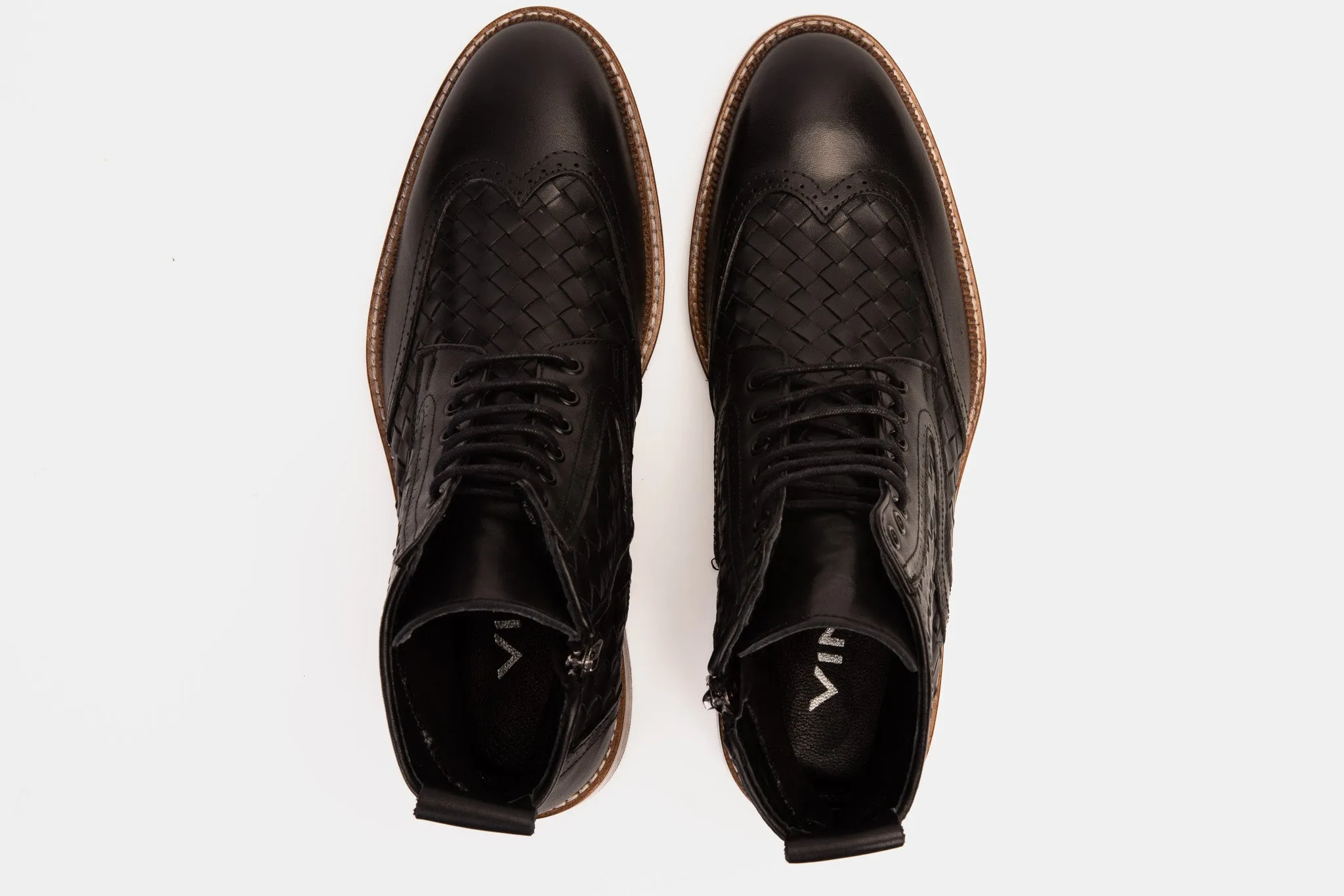 The Loddon Black Leather Wingtip Brogue Handwoven Lace-Up Men Boot with a Zipper Durable Build