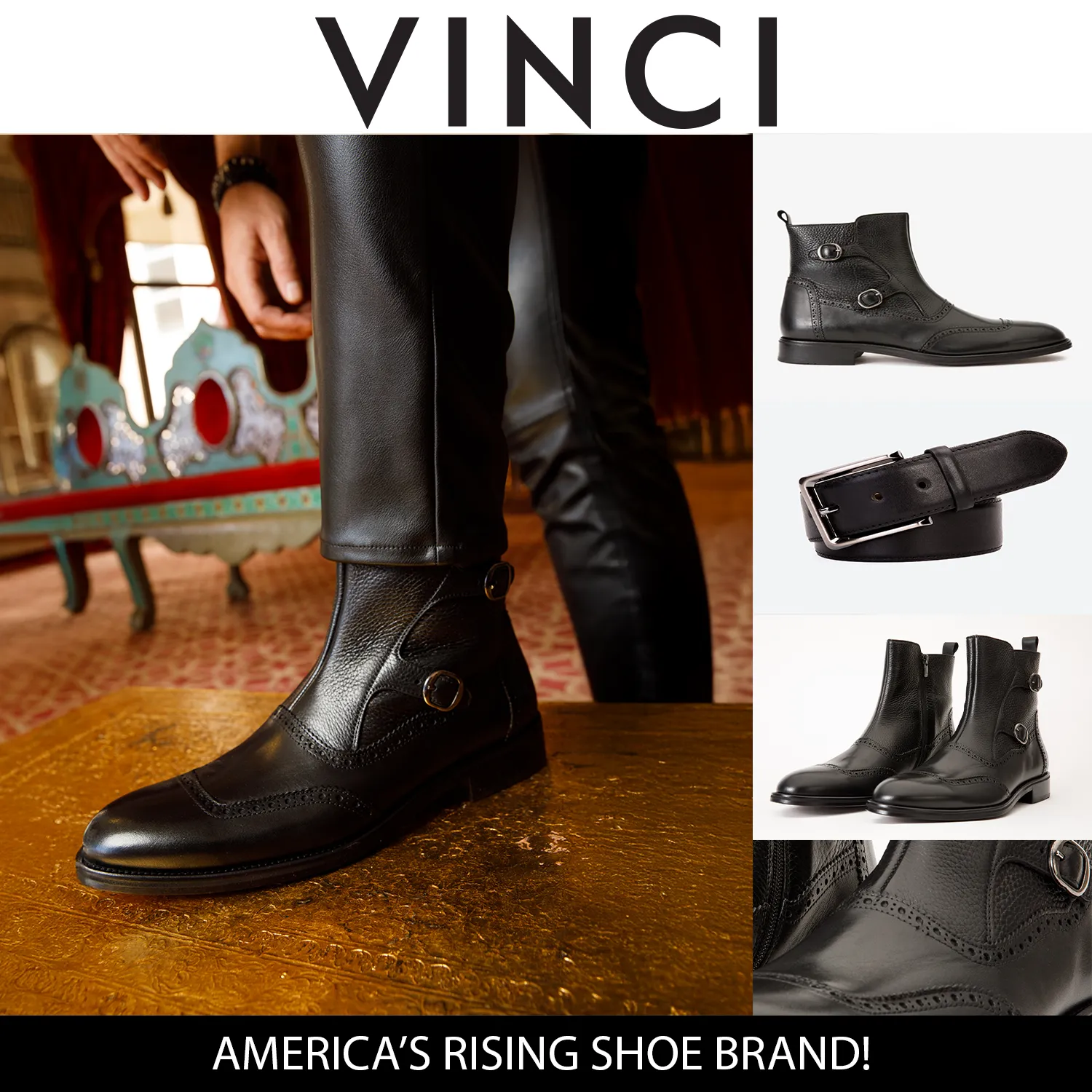 The Rand Black Leather Double Buckle Brogue Men Boot with a Zipper Edgy