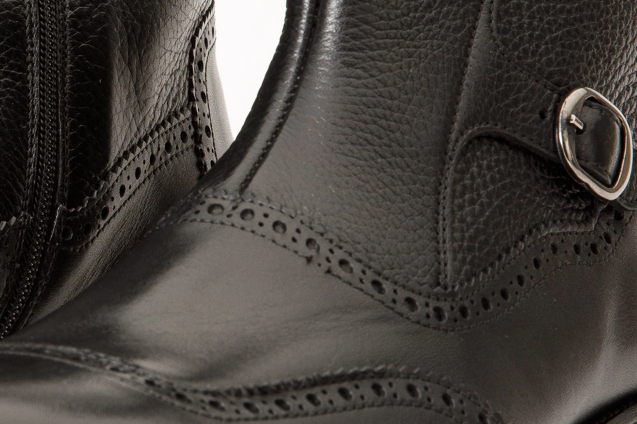 The Rand Black Leather Double Buckle Brogue Men Boot with a Zipper Edgy