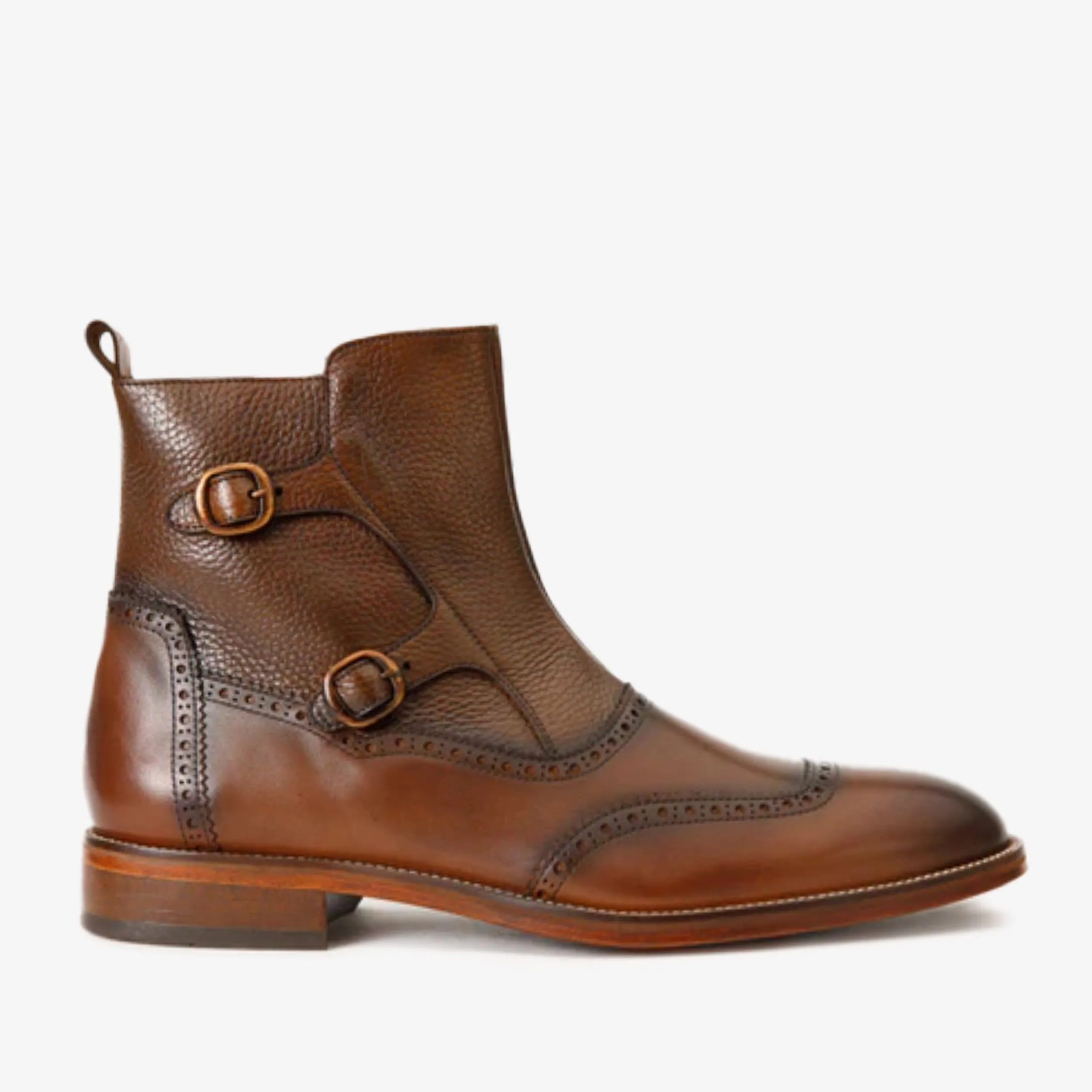 Hero Edge The Rand Brown Leather Double Buckle Brogue Men Boot with a Zipper