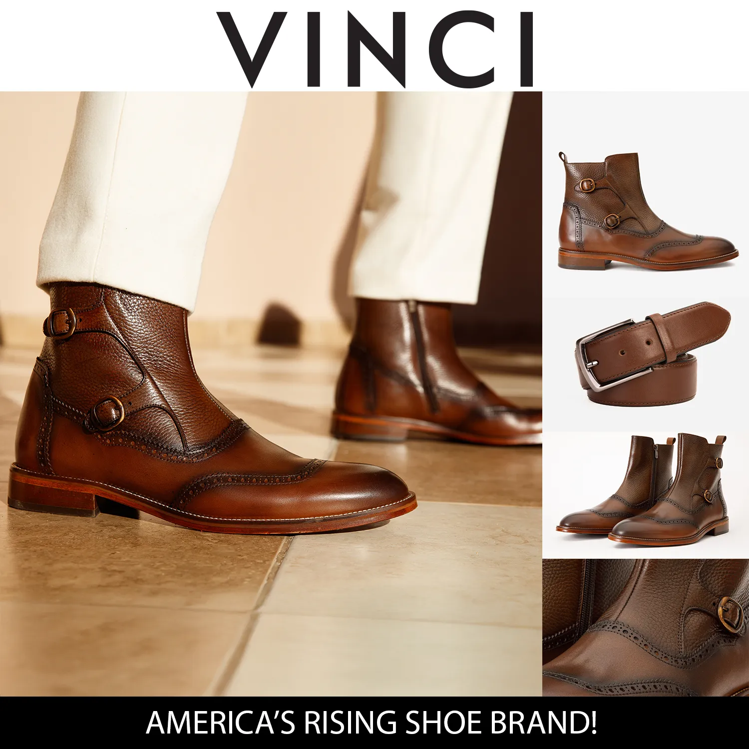 The Rand Brown Leather Double Buckle Brogue Men Boot with a Zipper Bold-Core