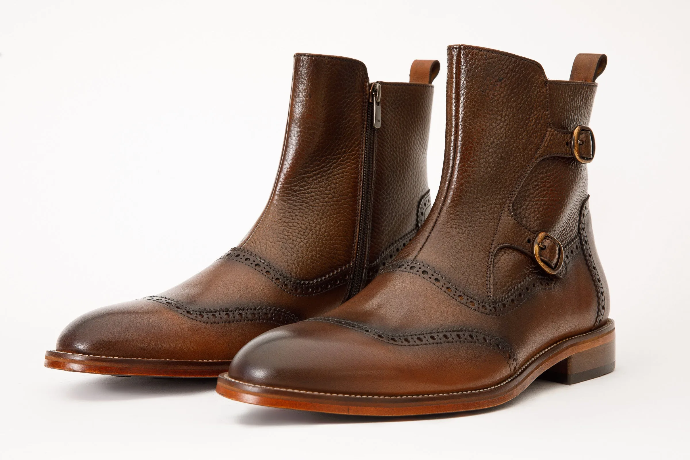 The Rand Brown Leather Double Buckle Brogue Men Boot with a Zipper Bold-Core