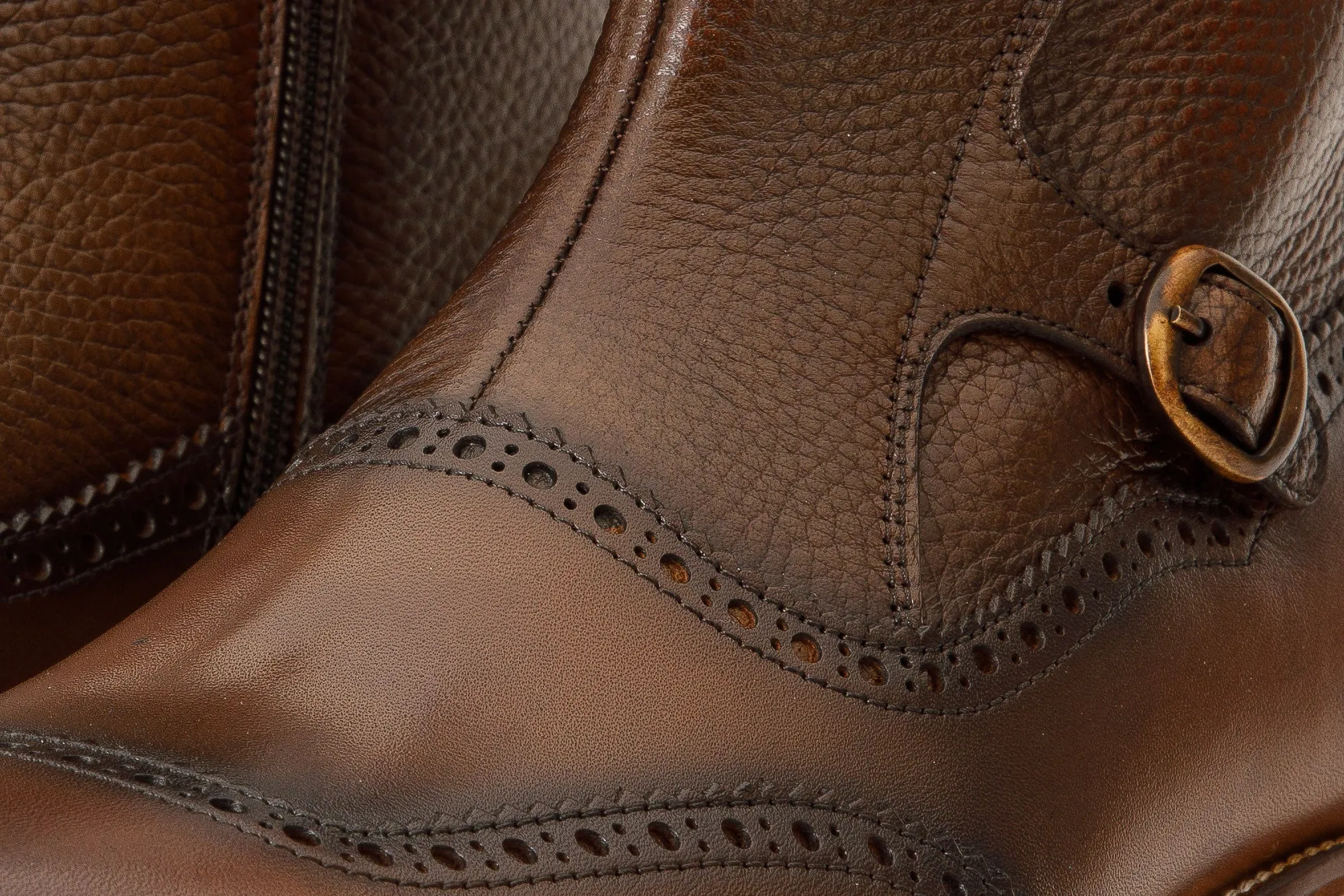 The Rand Brown Leather Double Buckle Brogue Men Boot with a Zipper Bold-Core