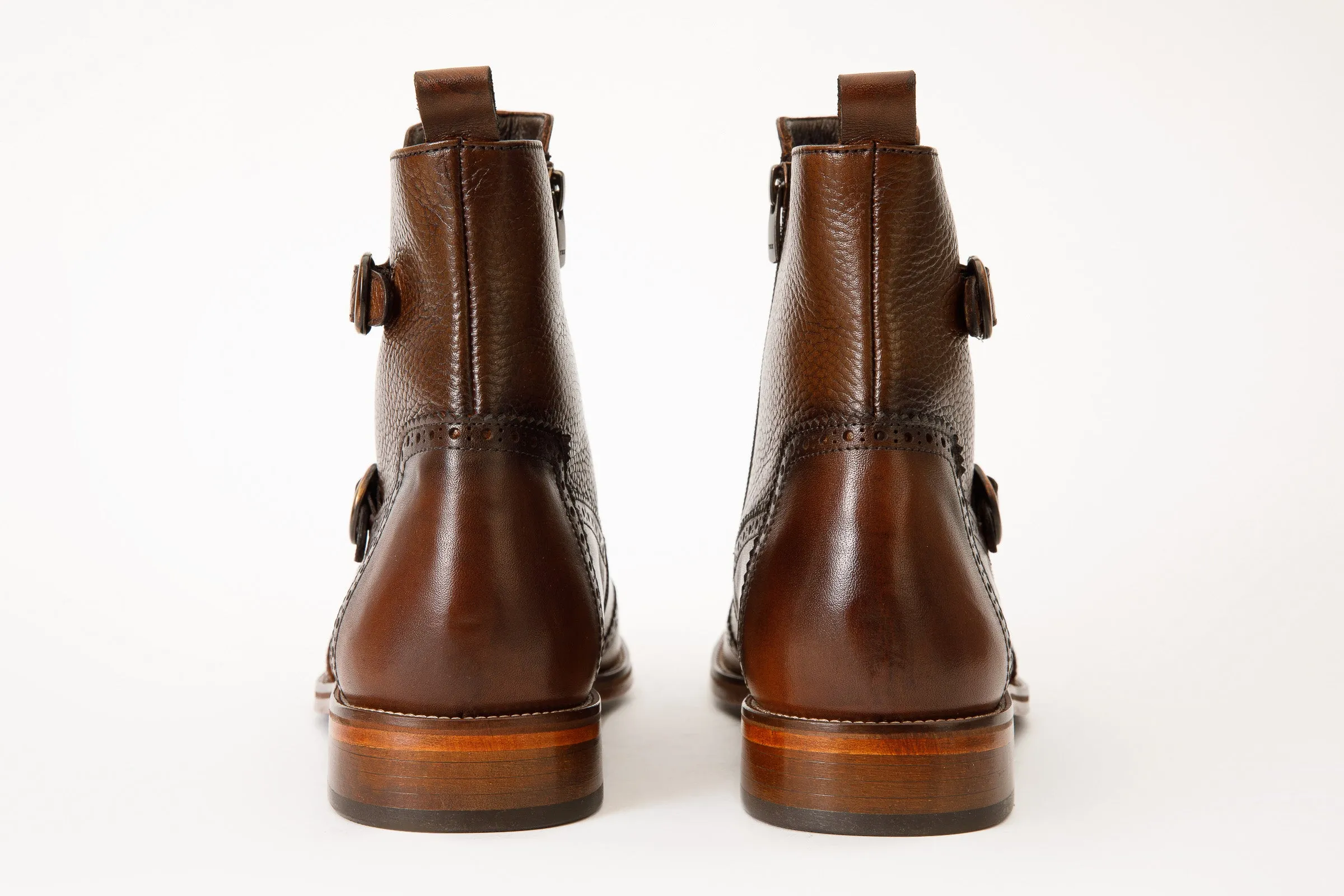 The Rand Brown Leather Double Buckle Brogue Men Boot with a Zipper Bold-Core