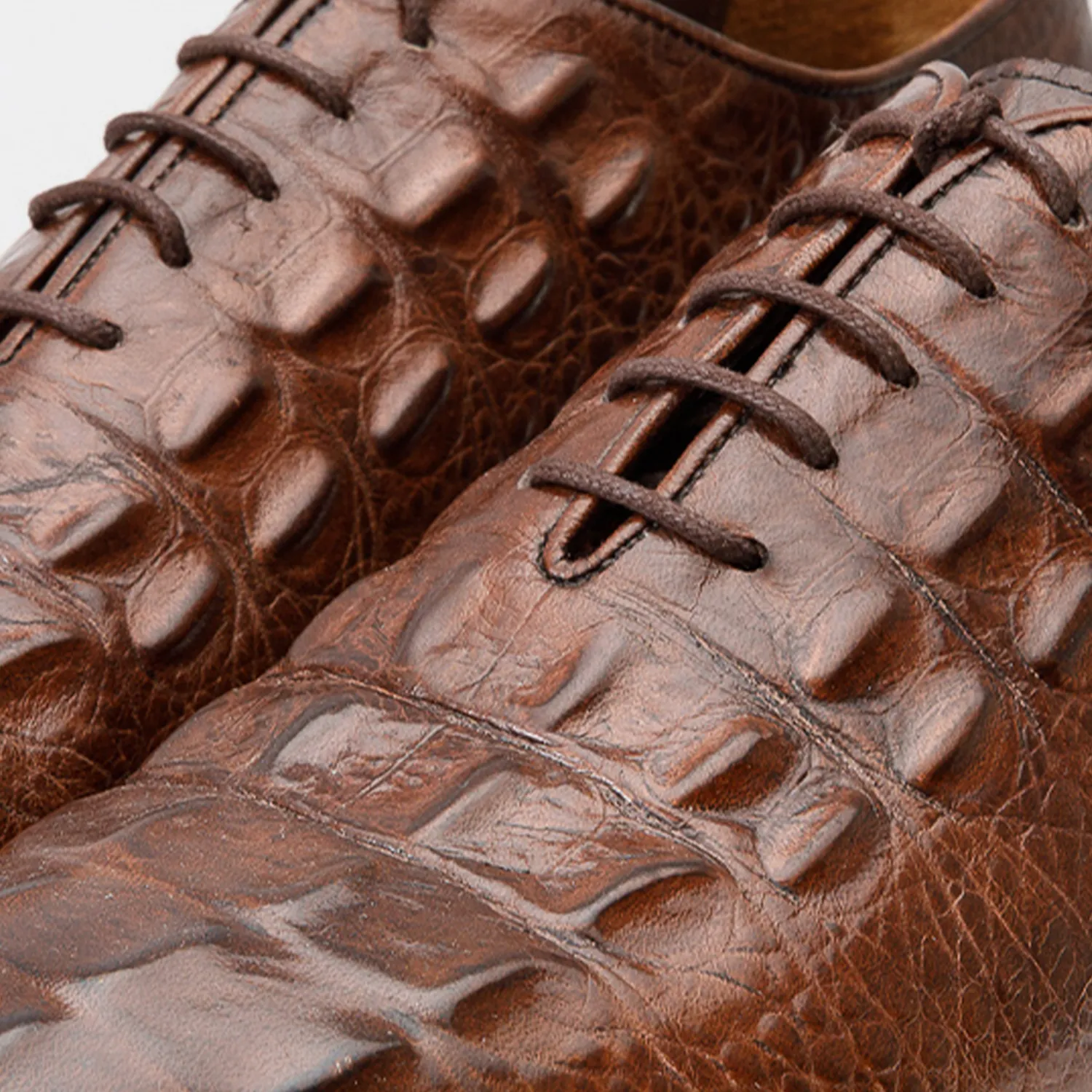 The Randor Brown Crocodile Leather Oxford Men Shoe Studded-Heel