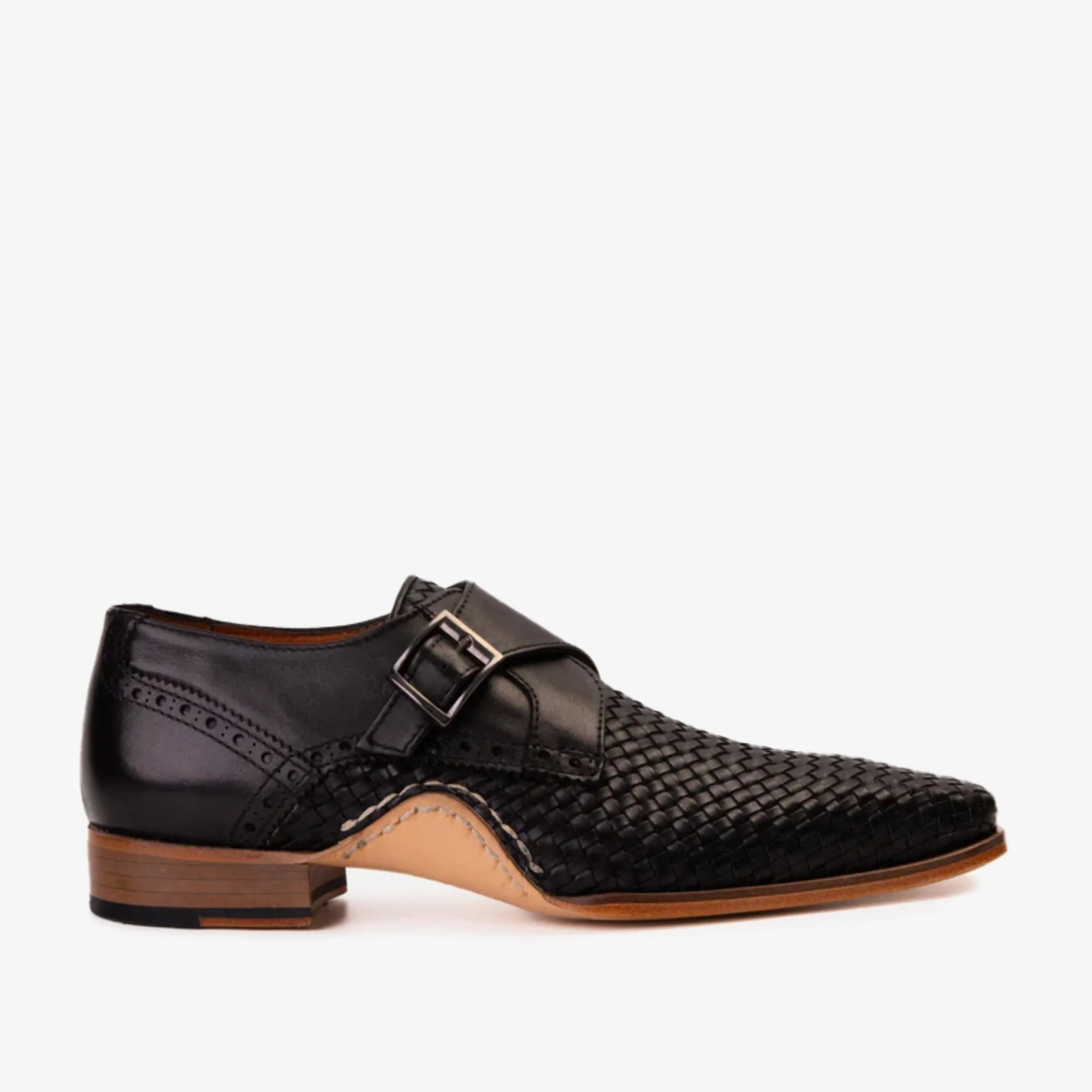 Meta Move The Rolls  Woven Black Leather Single Monk Strap  Handmade Men Shoe
