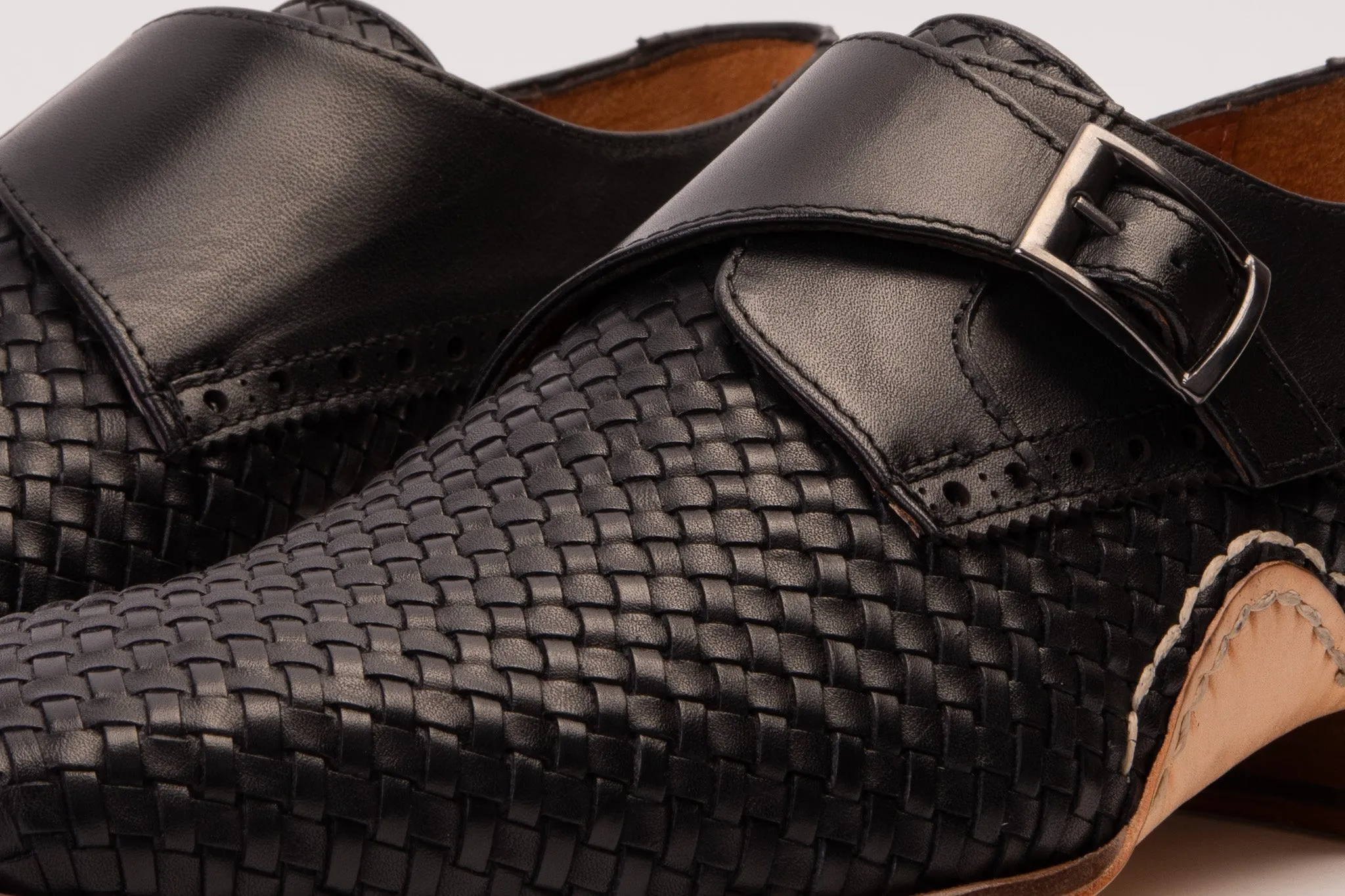 The Rolls  Woven Black Leather Single Monk Strap  Handmade Men Shoe Trail