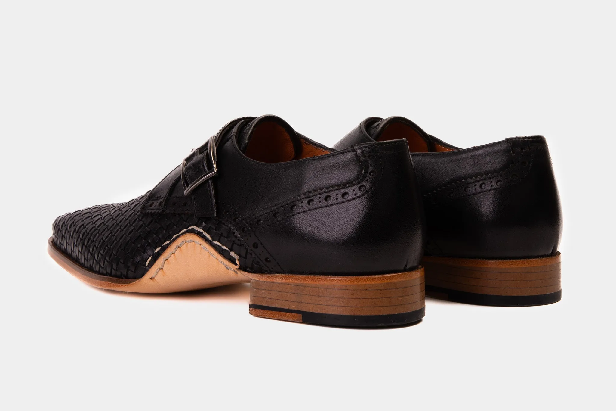 The Rolls  Woven Black Leather Single Monk Strap  Handmade Men Shoe Trail