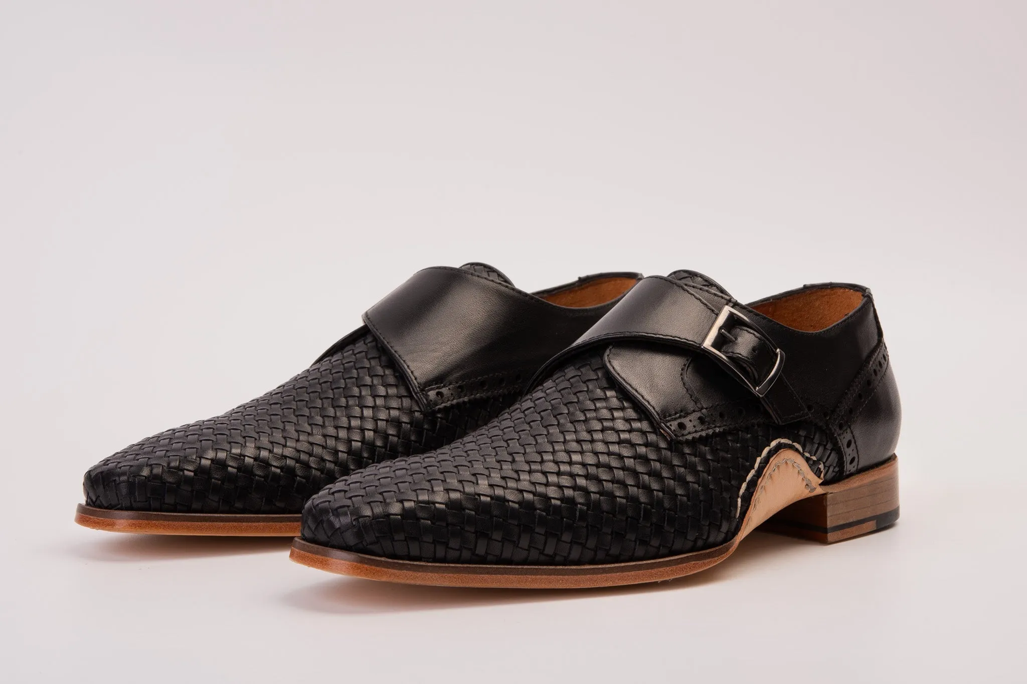The Rolls  Woven Black Leather Single Monk Strap  Handmade Men Shoe Trail
