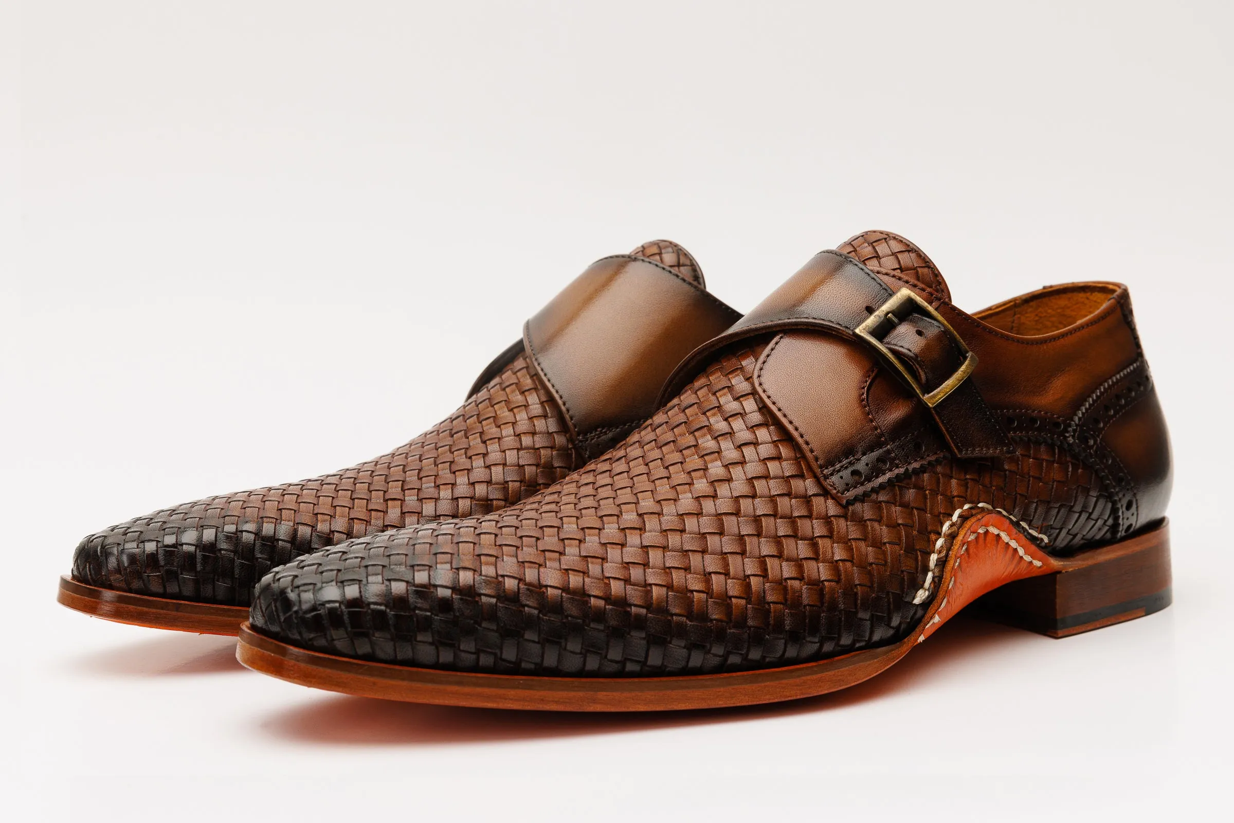The Rolls  Woven Tan Leather Single Monk Strap  Handmade Men Shoe Comfort Grip