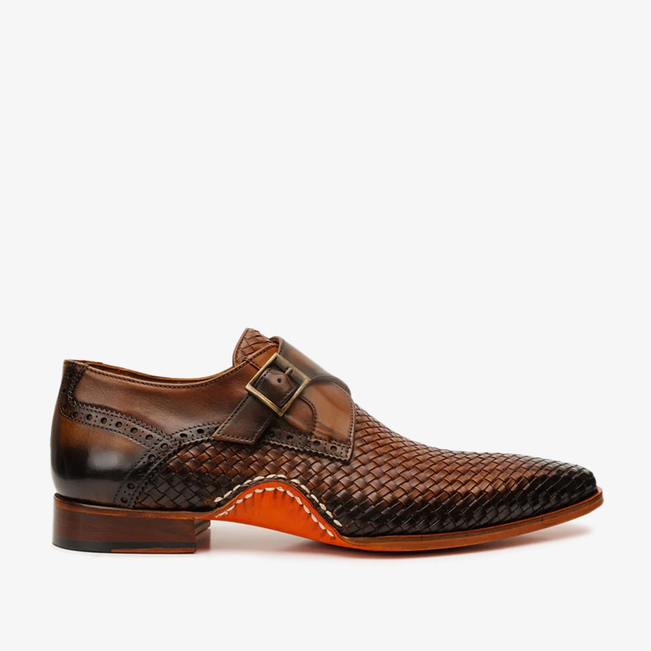 The Rolls  Woven Tan Leather Single Monk Strap  Handmade Men Shoe Comfort Tongue