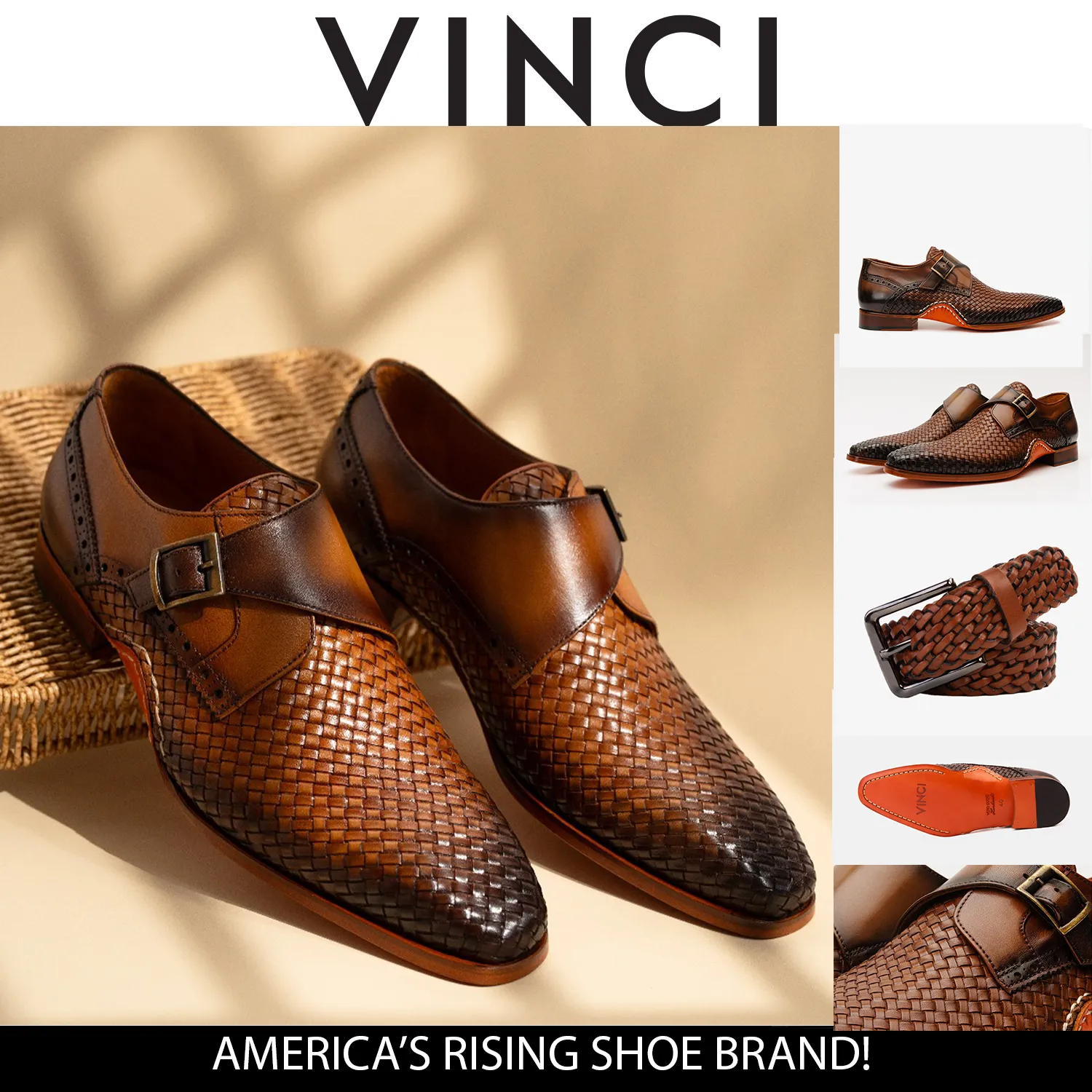 The Rolls  Woven Tan Leather Single Monk Strap  Handmade Men Shoe Comfort Grip