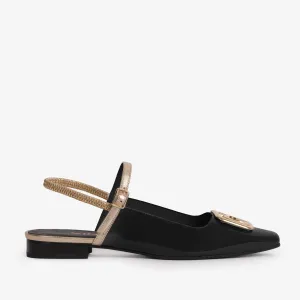 Fire Glow The Rosalinda Black Leather Women Flat Slingback Shoe