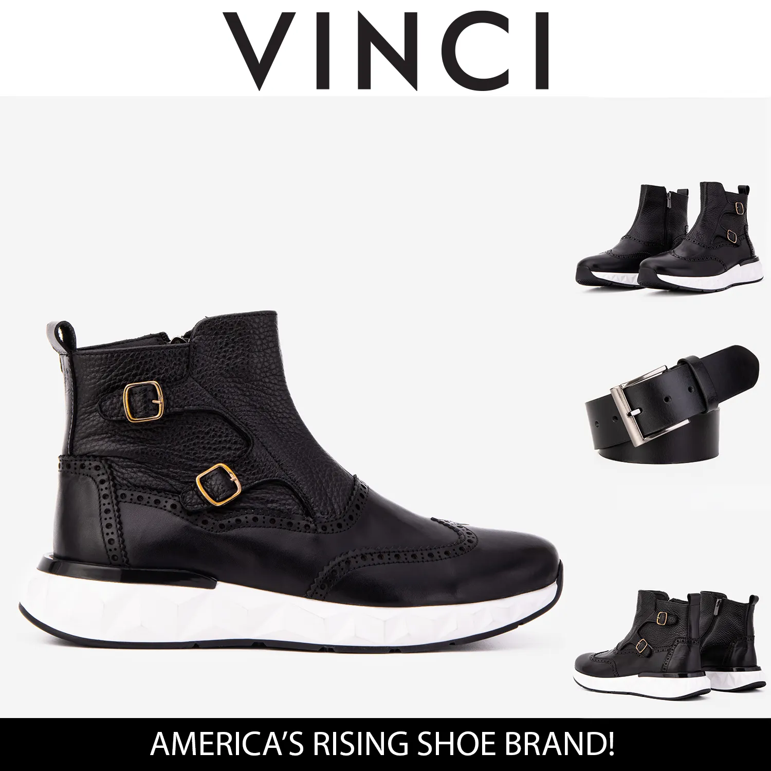 The Stealth Wingtip Buckle Black Leather Men Boot Patchwork