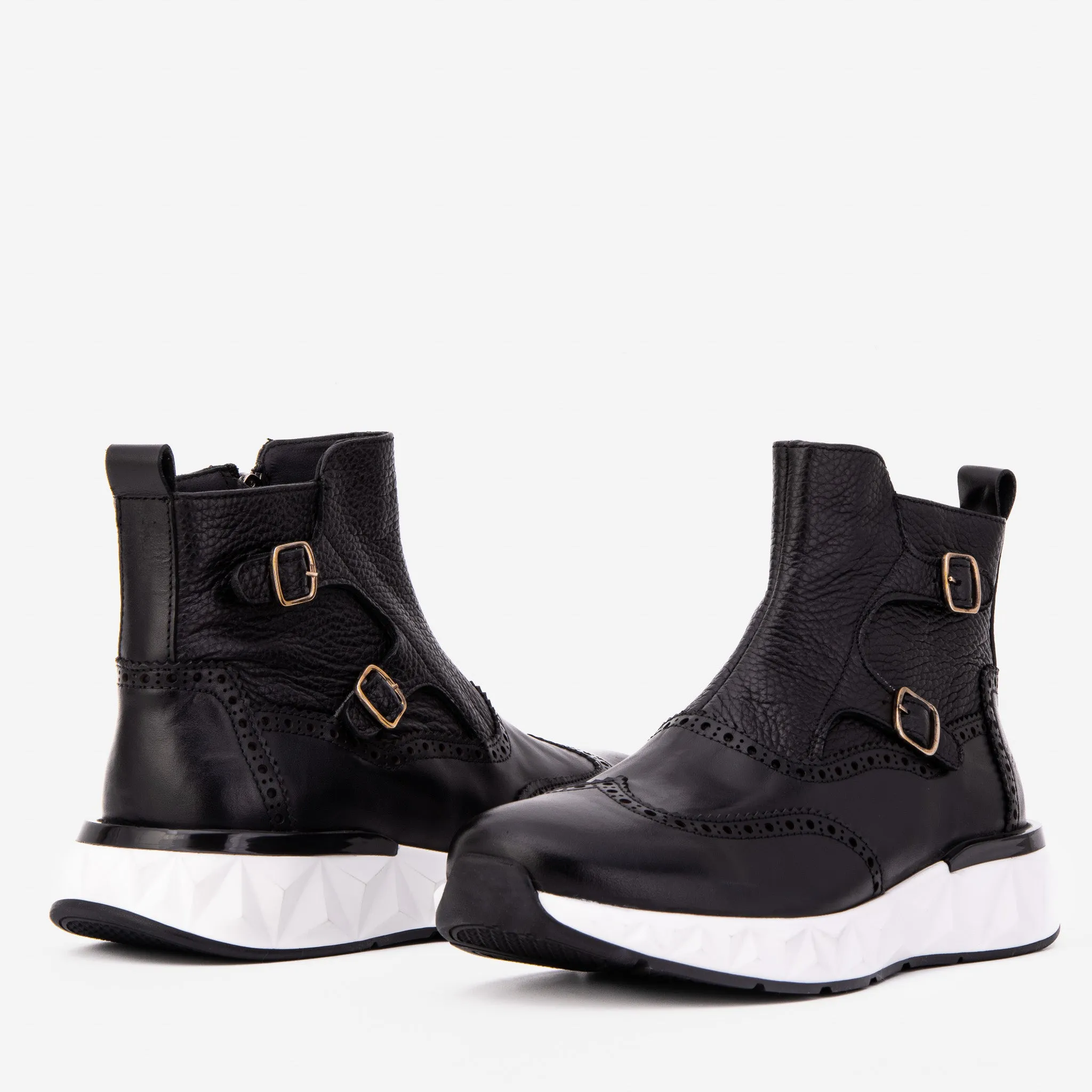The Stealth Wingtip Buckle Black Leather Men Boot Patchwork