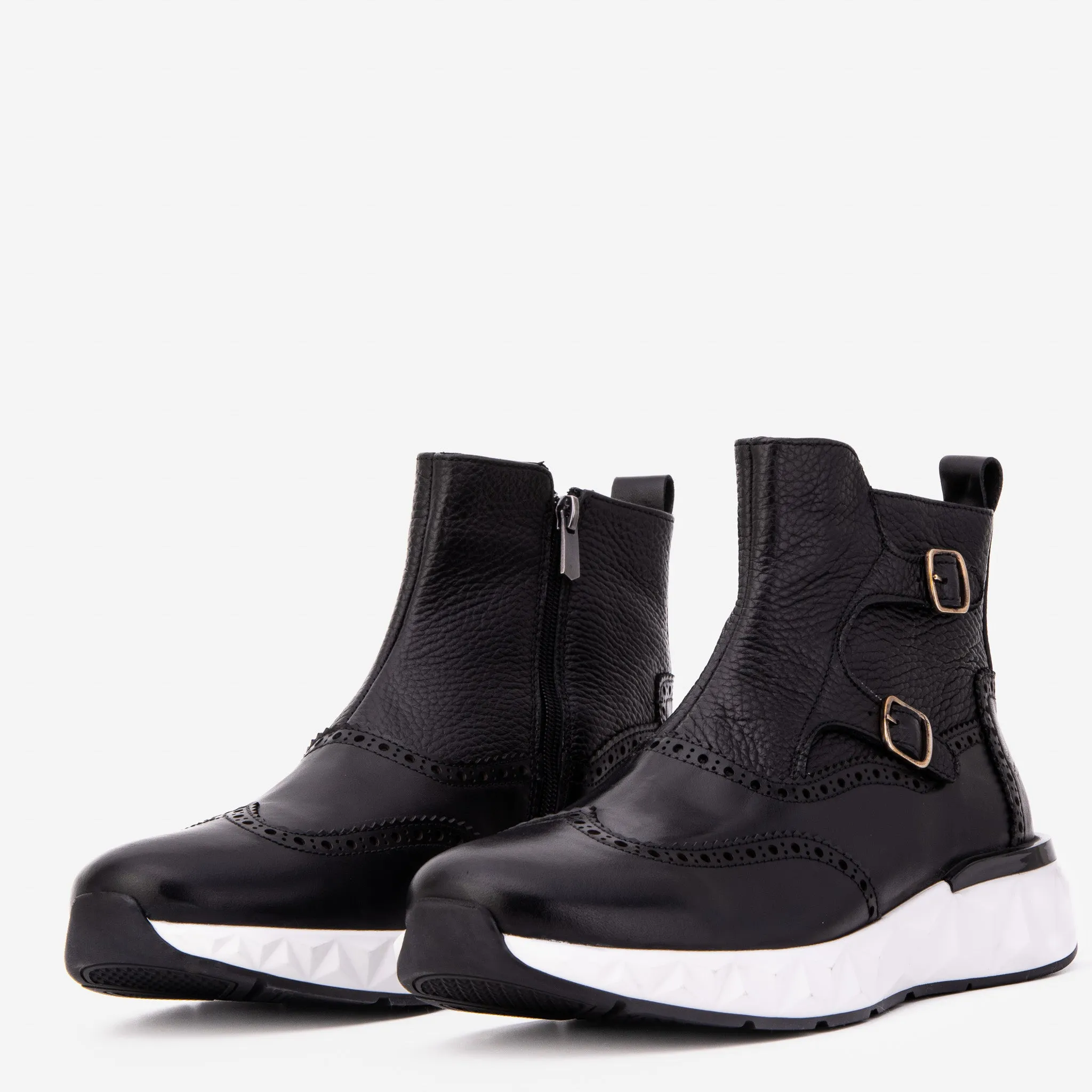 The Stealth Wingtip Buckle Black Leather Men Boot Patchwork
